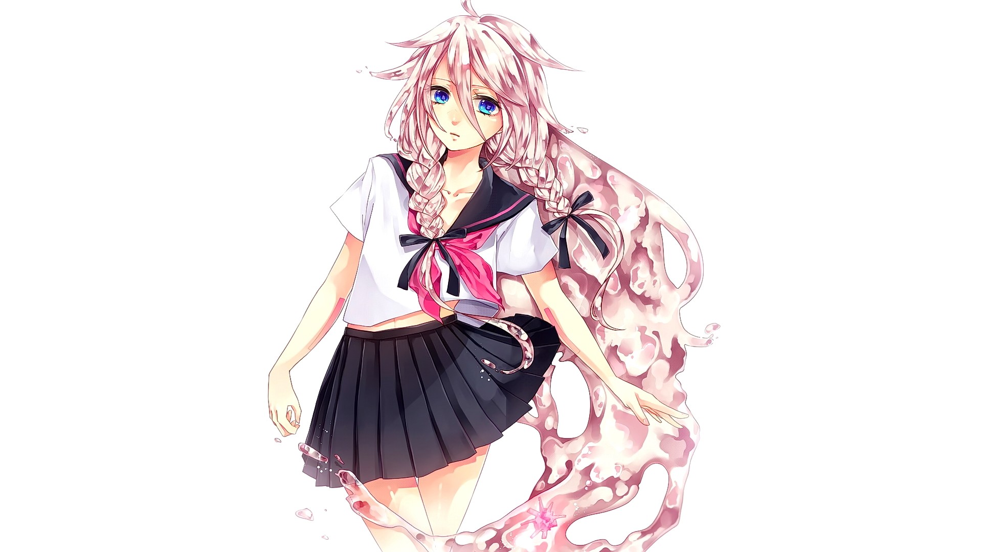 Anime 1920x1080 anime anime girls Vocaloid ahoge ribbon IA (Vocaloid) white background pink hair blue eyes long hair sadness looking at viewer skirt simple background hair in face