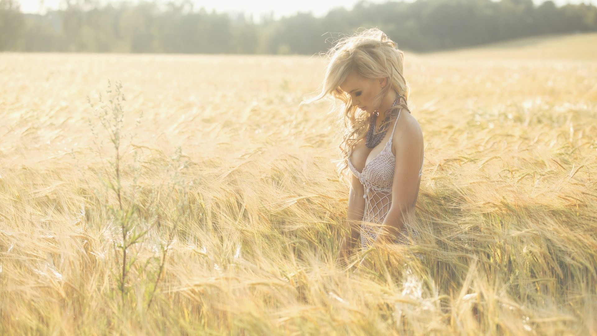 People 1920x1080 women model blonde long hair women outdoors closed eyes field white dress cleavage necklace grain spikelets windy nature hazy outdoors plants boobs