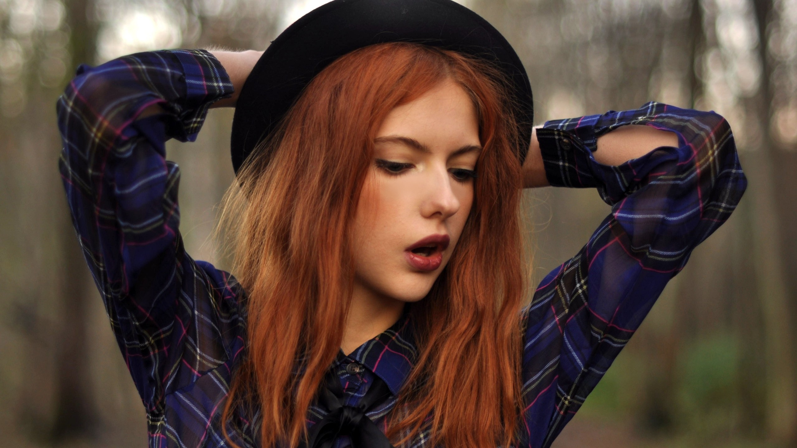 People 2560x1440 women redhead Ebba Zingmark hat plaid open mouth arms up looking away plaid shirt Swedish women outdoors outdoors women with hats closeup