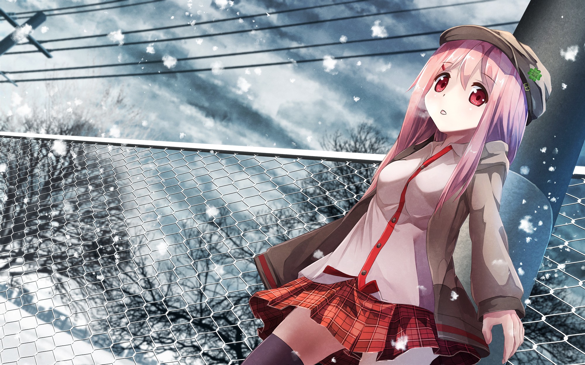 Anime 2000x1250 anime anime girls clouds hat red eyes skirt original characters snow zettai ryouiki Pixiv cold outdoors winter fence power lines miniskirt tie pink hair women with hats