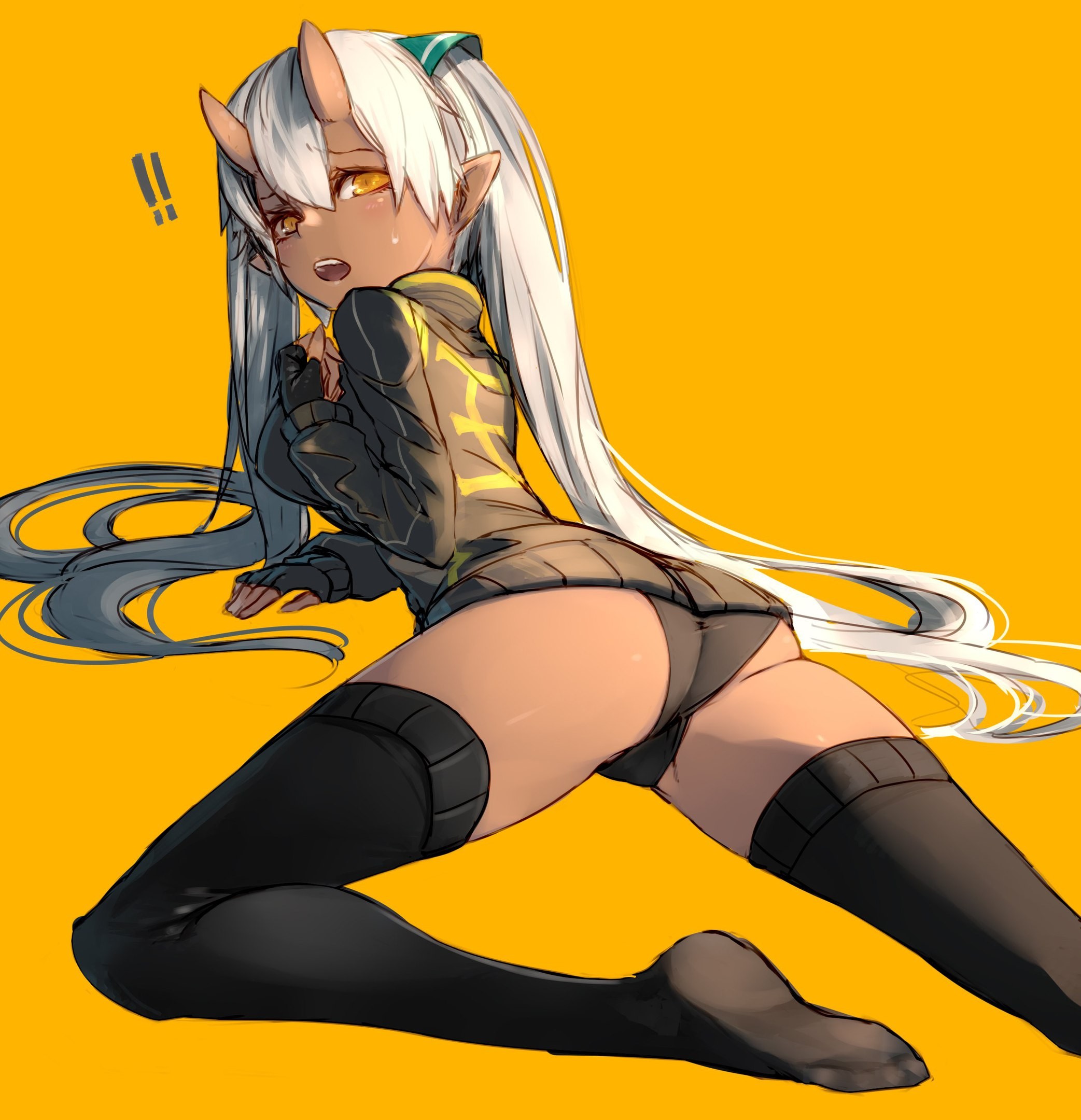 Anime 2085x2160 anime original characters horns dark skin white hair lying on front ass thighs yellow background black panties open mouth long hair anime girls socks black socks  thigh high socks foot sole