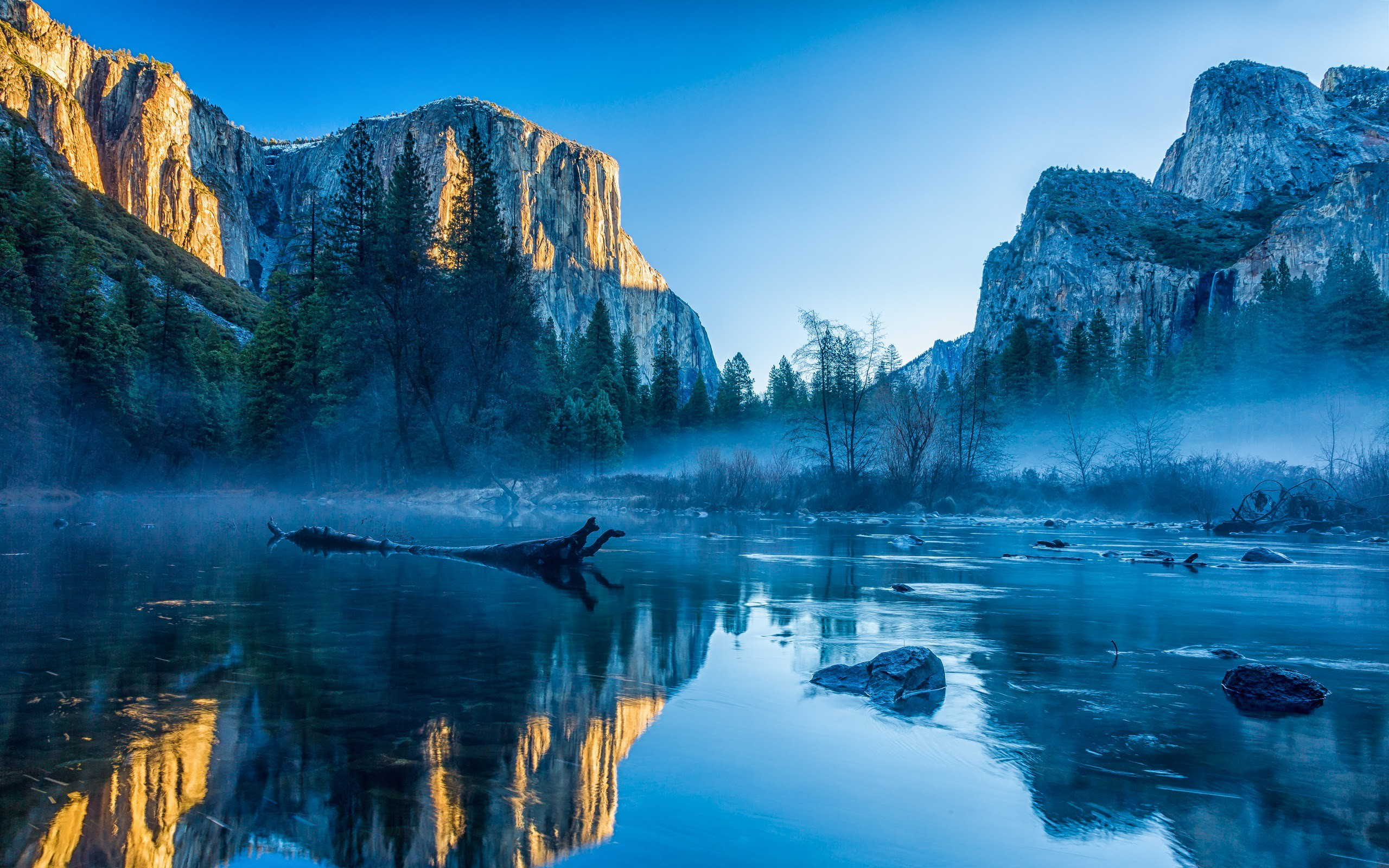 General 2560x1600 Yosemite National Park USA Yosemite Valley California landscape river water Mac OS X reflection mist nature Apple Inc. trees mountains