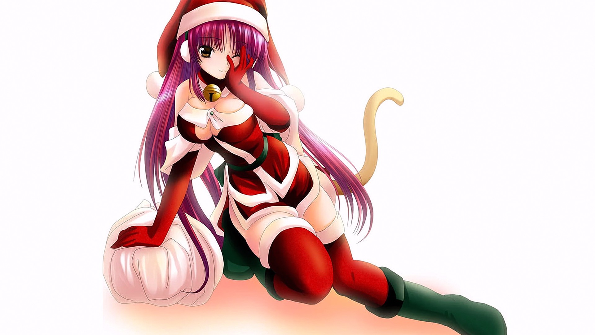 long hair, eyes, redhead, smiling, anime, anime girls, hat, To Heart 2,  Kousaka Tamaki , Santa costume, Santa hats, Christmas, simple background,  tail | 1920x1080 Wallpaper 