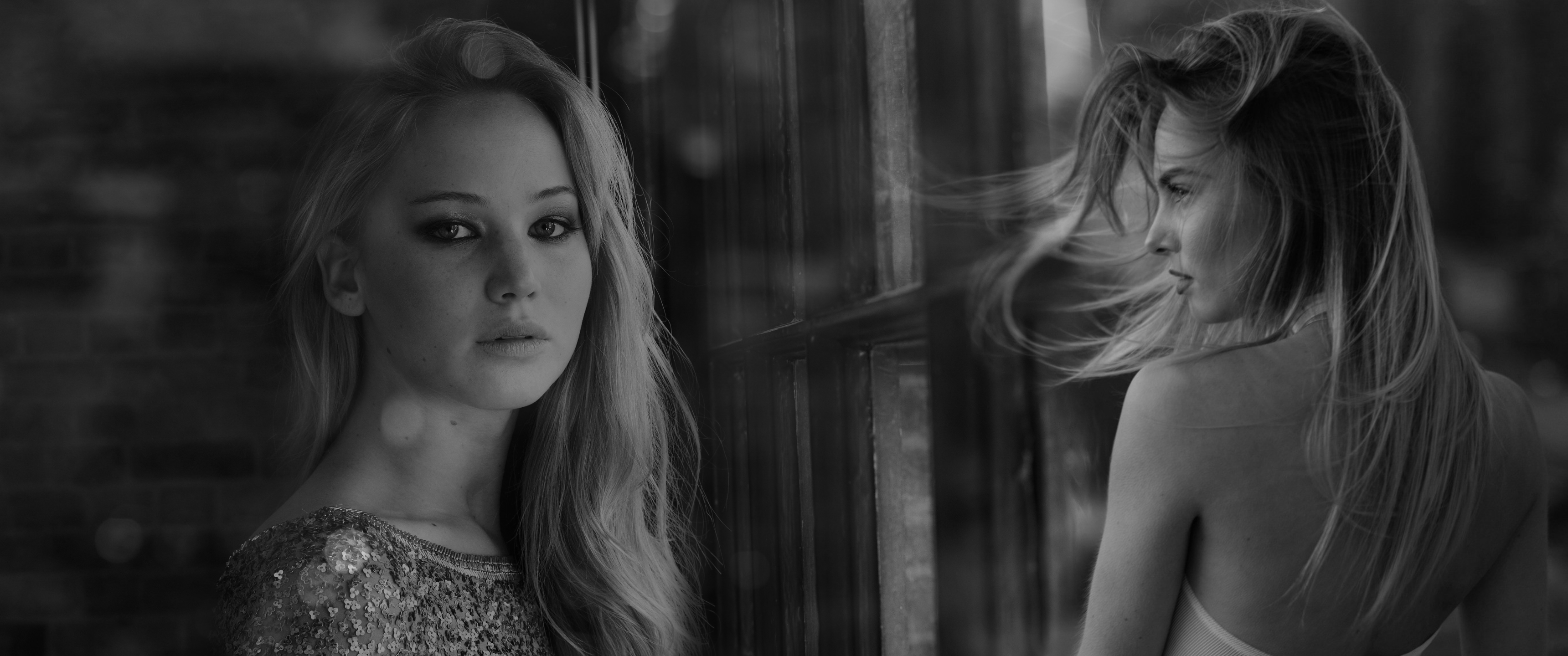 People 3440x1440 Jennifer Lawrence monochrome window photo manipulation women actress celebrity collage looking at viewer face American women