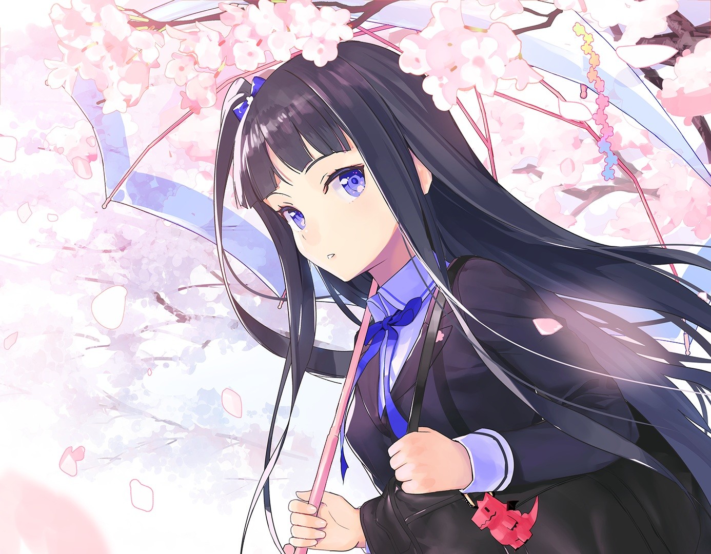 Anime 1386x1080 black hair umbrella blue eyes school uniform cherry blossom petals Nanotaro anime girls