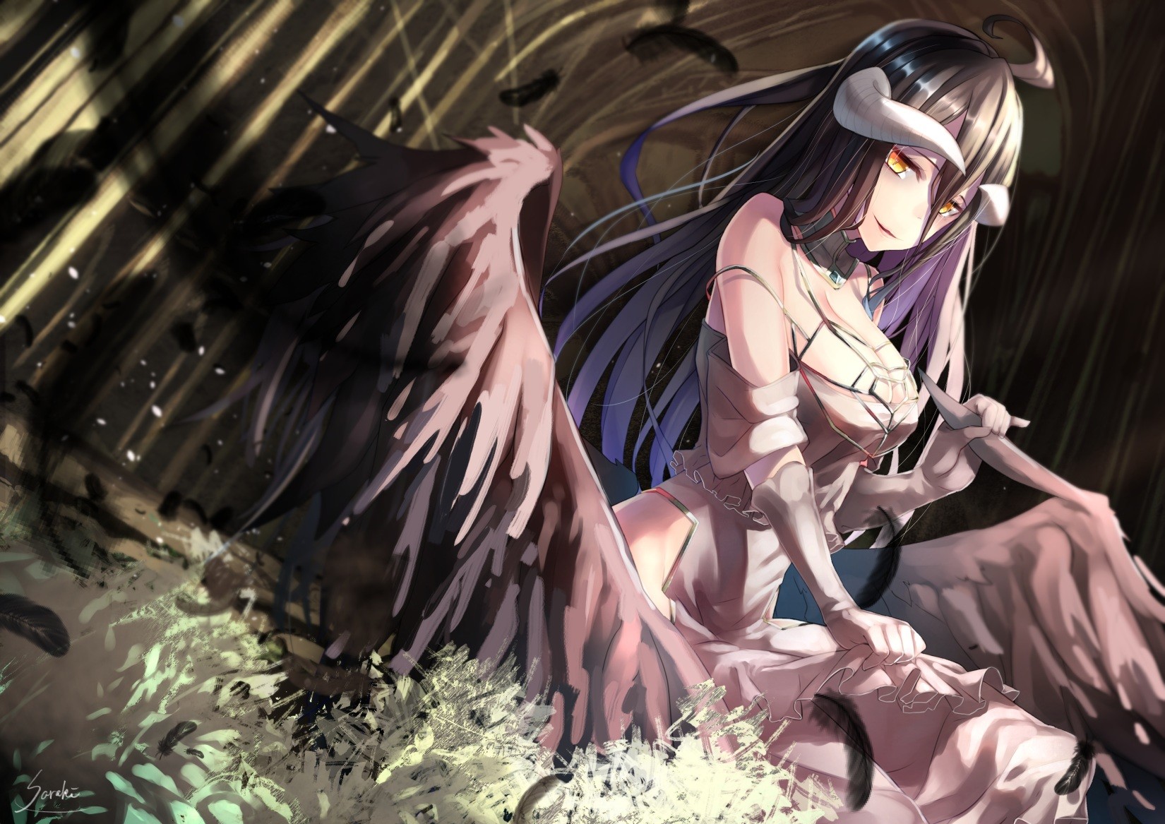 Anime 1650x1167 Albedo (OverLord) black hair cleavage white dress feathers gloves horns long hair Overlord (anime) wings yellow eyes