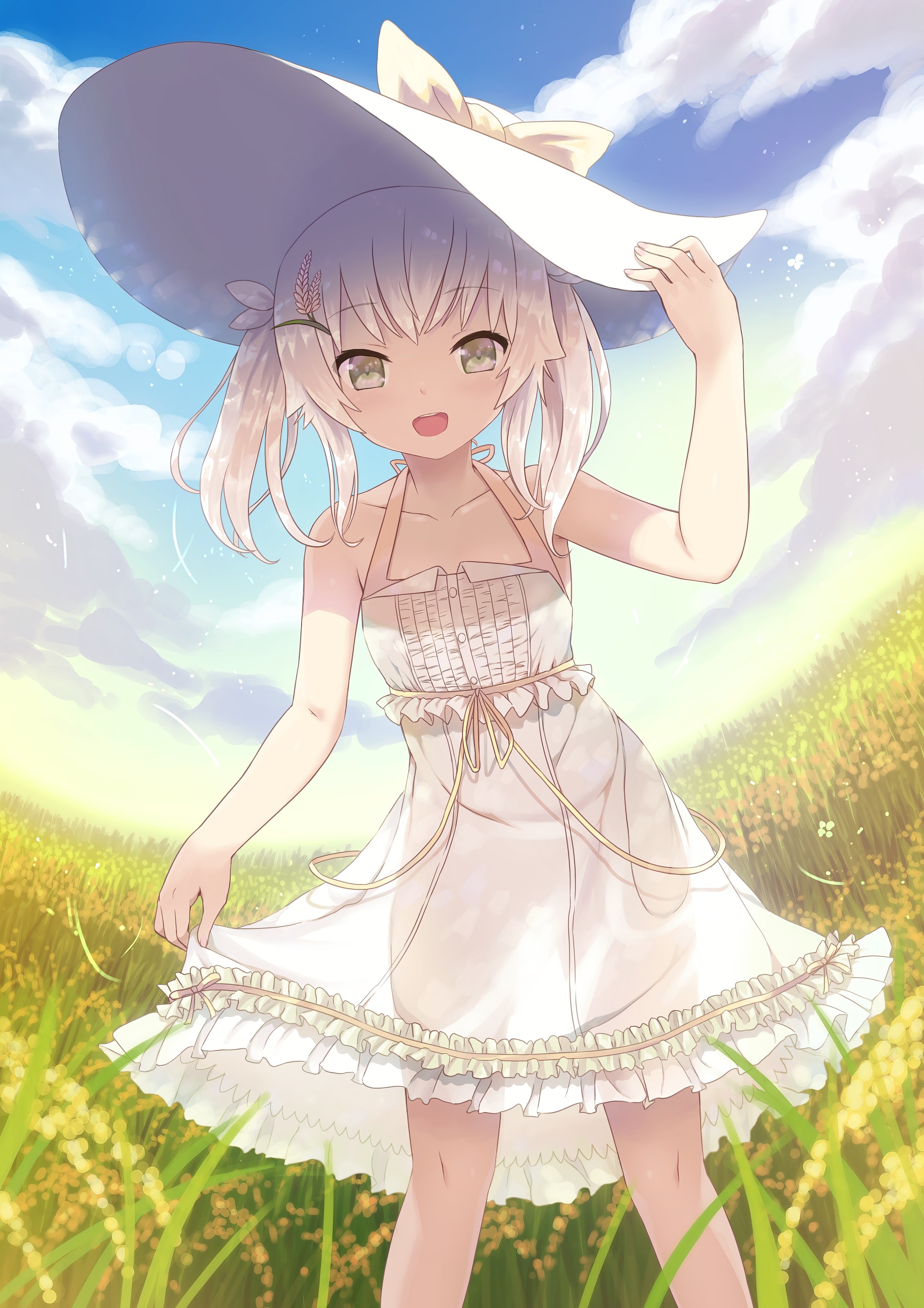 Anime 2262x3200 anime anime girls field dress white dress looking at viewer smiling white hair hat sun dress