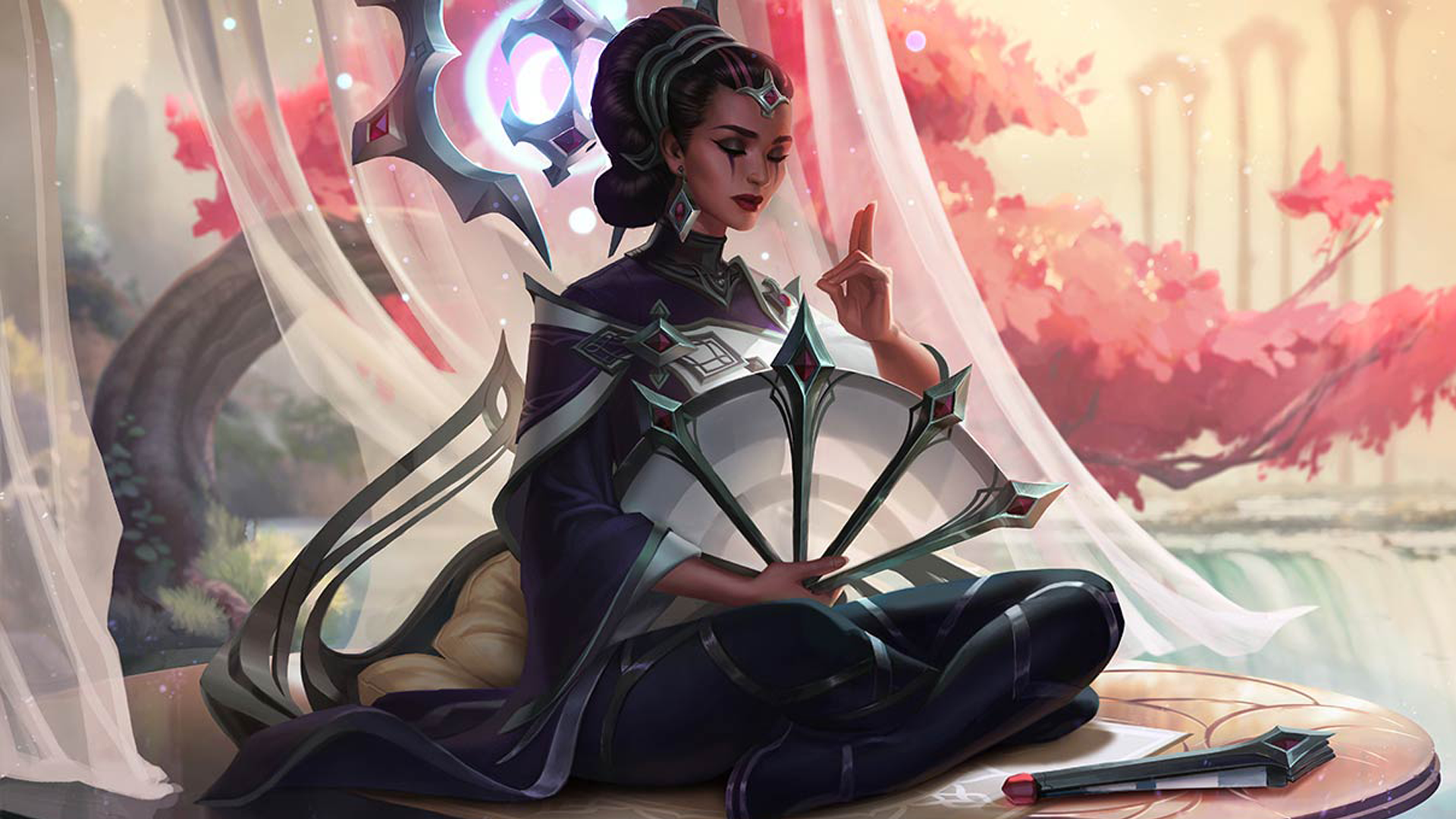 General 1920x1080 Karma (League of Legends) Summoner's Rift fantasy girl legs crossed PC gaming closed eyes video game girls video game characters women fans red lipstick fantasy art