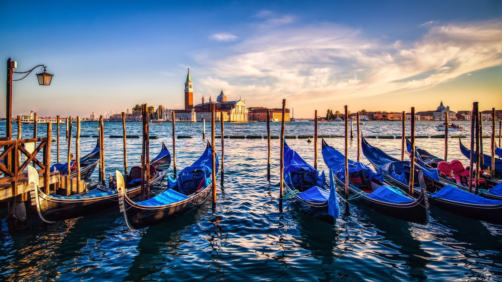 General 1920x1080 Venice gondolas sunset Italy clouds water vehicle