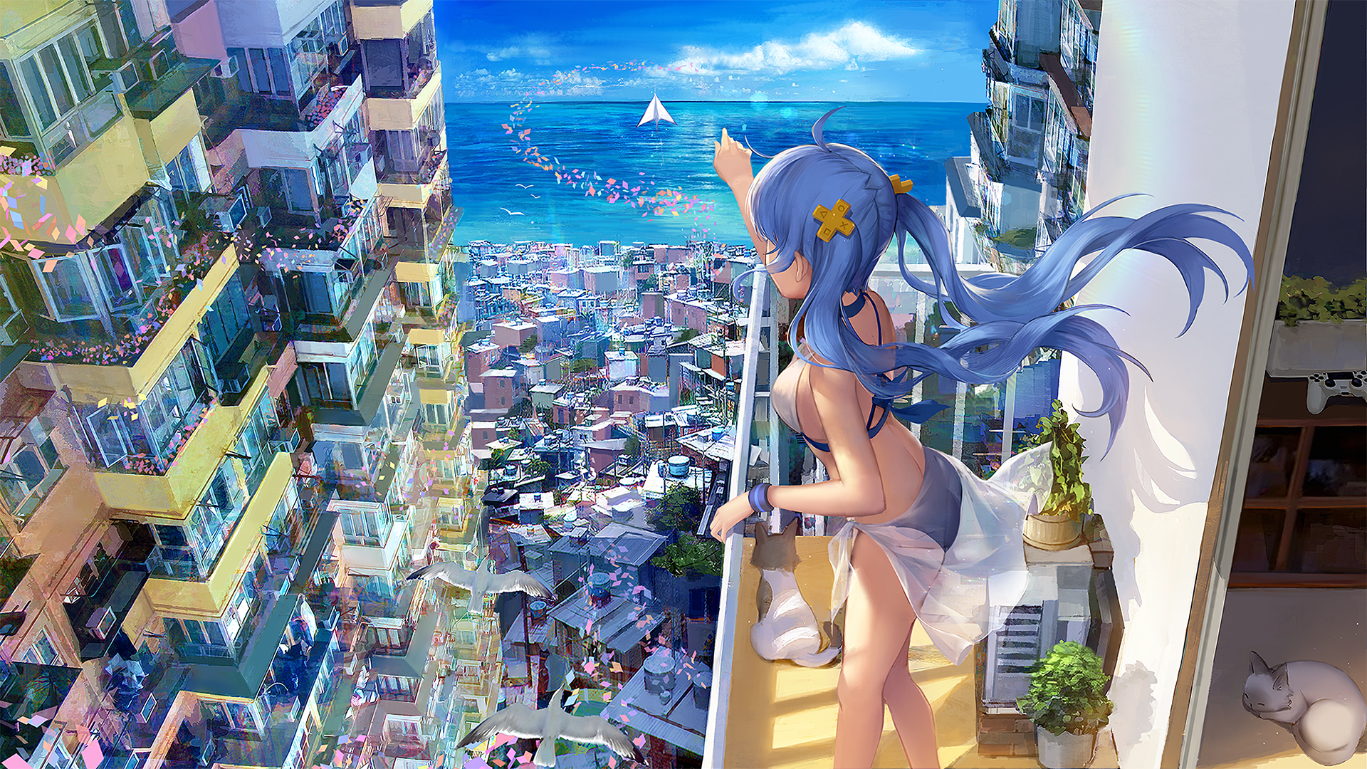 Anime 1920x1080 back anime girls beach building house paper planes bikini PlayStation cityscape water sea birds cats controllers flowers clouds balcony apartments