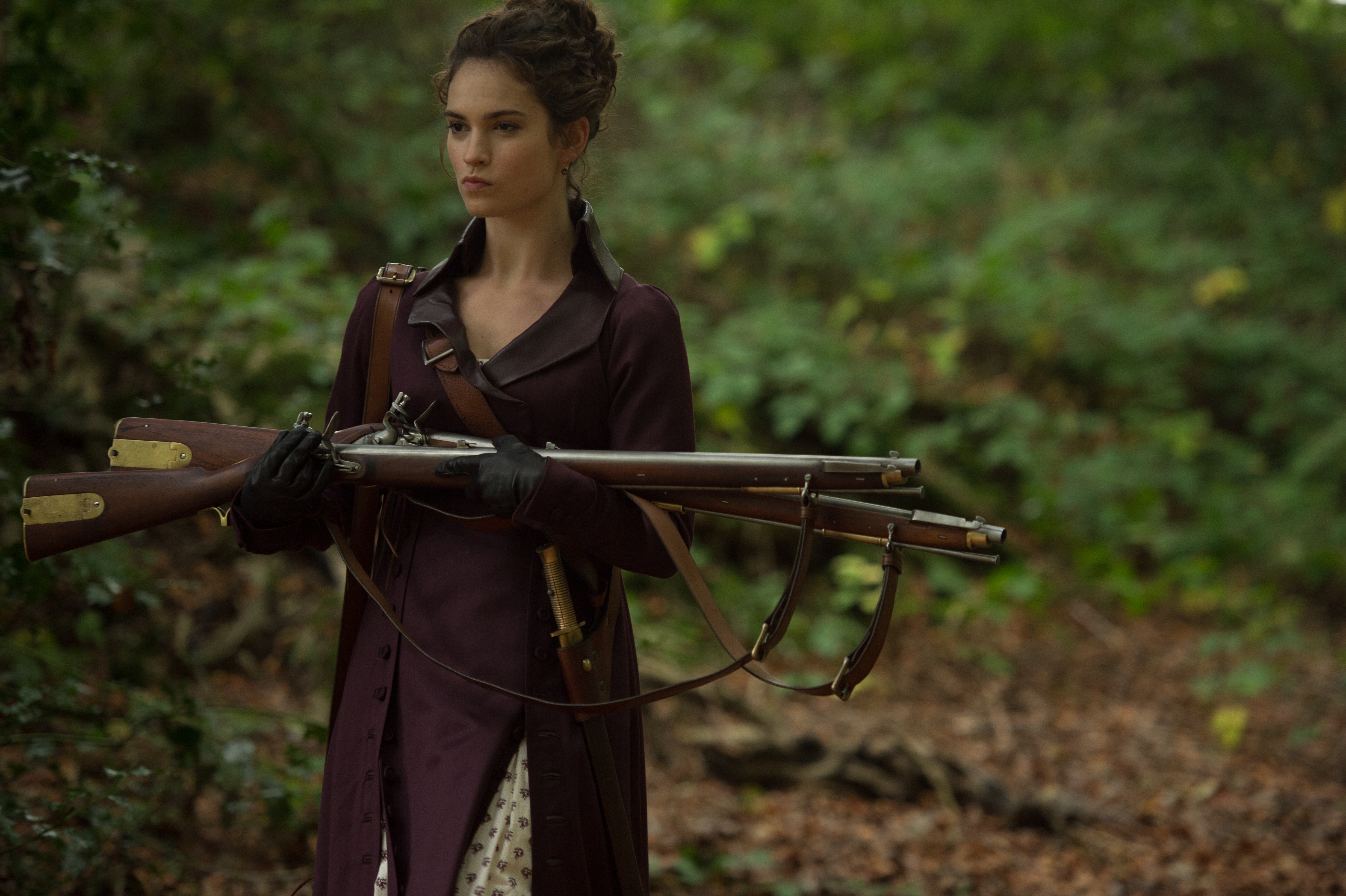 People 4928x3280 women Pride and Prejudice and Zombies Lily James actress brunette girls with guns violet coat purple coat