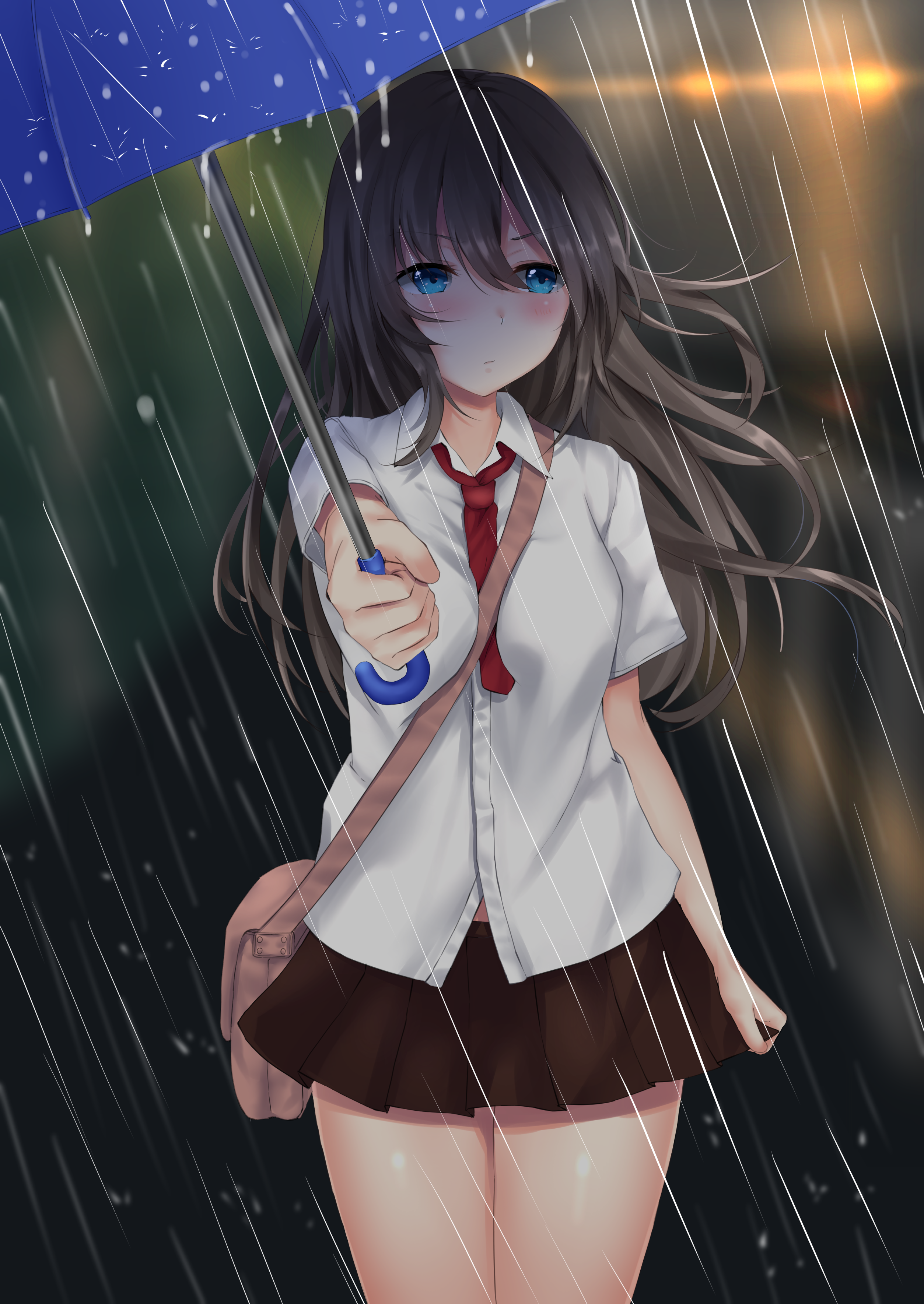 Anime 2508x3541 anime anime girls brunette looking at viewer tsundere blue eyes blushing tie uniform rain umbrella school uniform