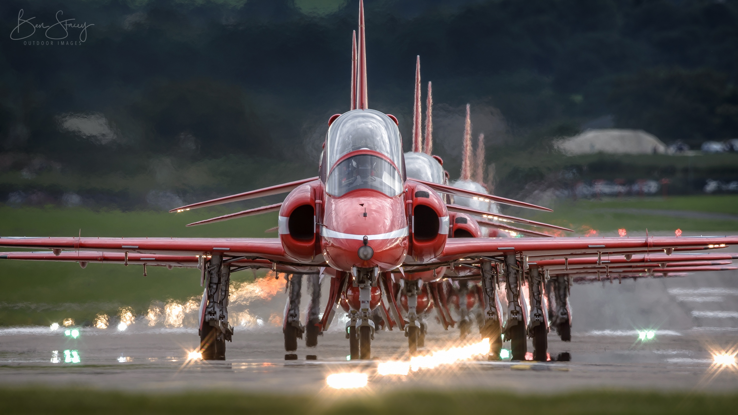 General 3000x1688 vehicle red aircraft Red arrows frontal view line-up military aircraft military Royal Air Force jets aerobatic team lights signature BAE Hawk Elephant Walk watermarked British aircraft