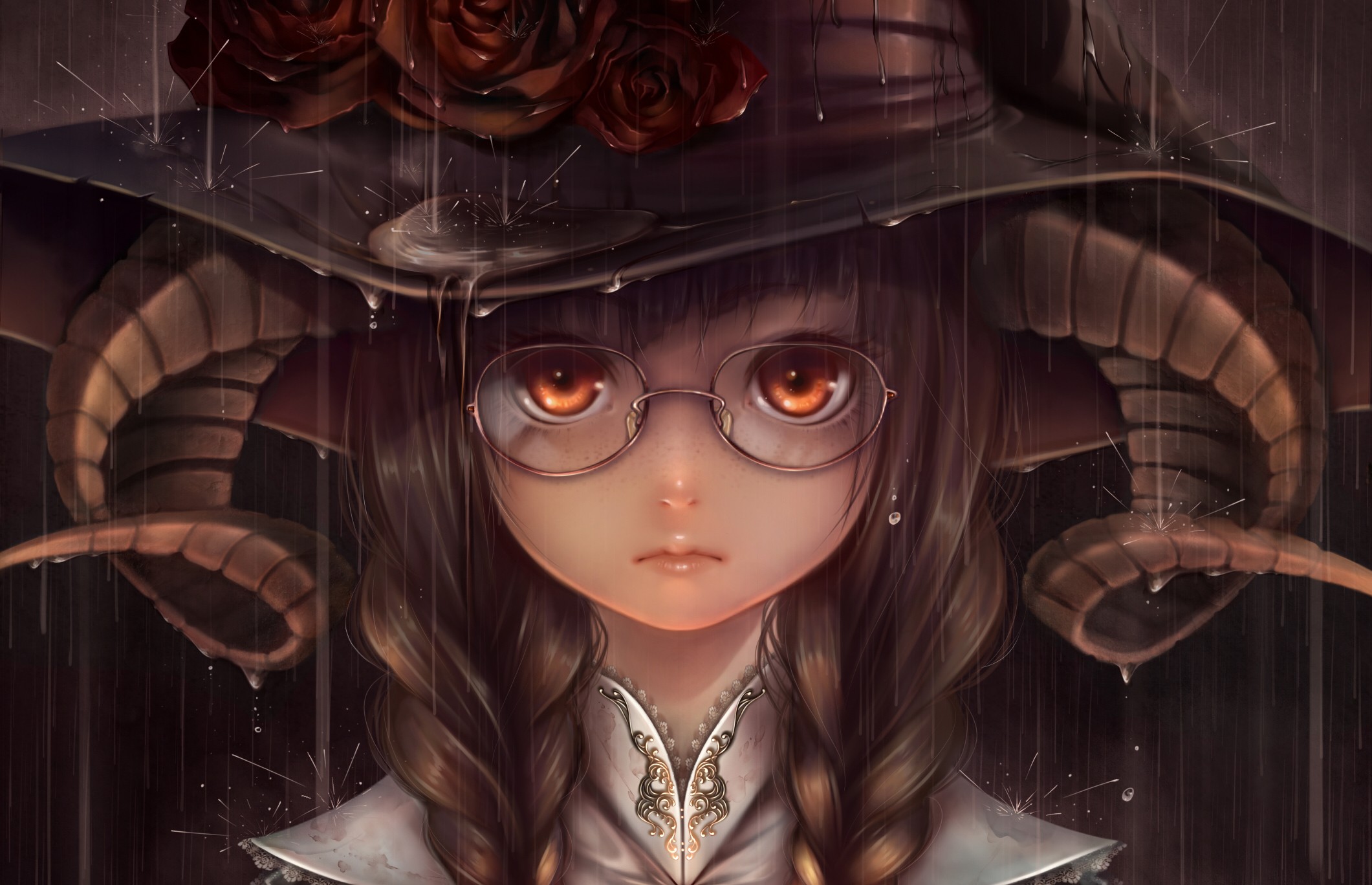 Anime 2121x1368 anime anime girls brunette glasses looking at viewer hat flowers witch hat horns brown eyes braids rain Bouno Satoshi women with glasses women with hats