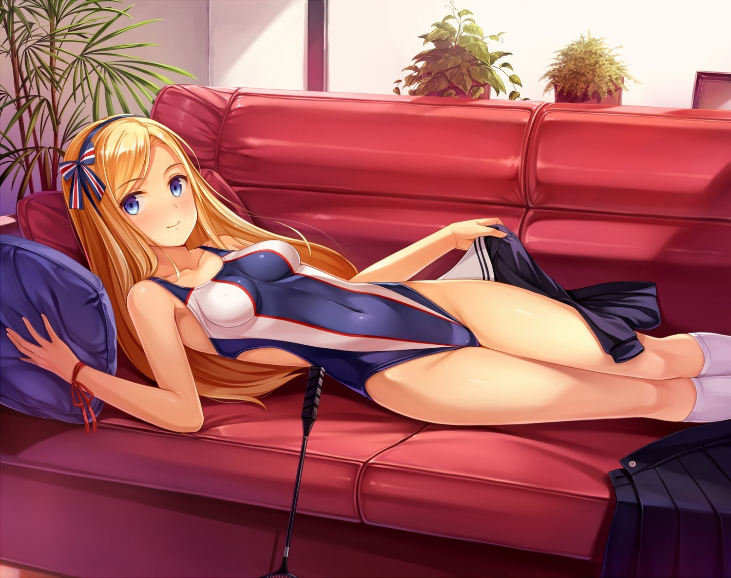 Anime 1500x1185 anime anime girls blonde couch headband knee-highs leaves sport undressing original characters one-piece swimsuit Yokaze Japan women indoors legs together looking at viewer swimwear