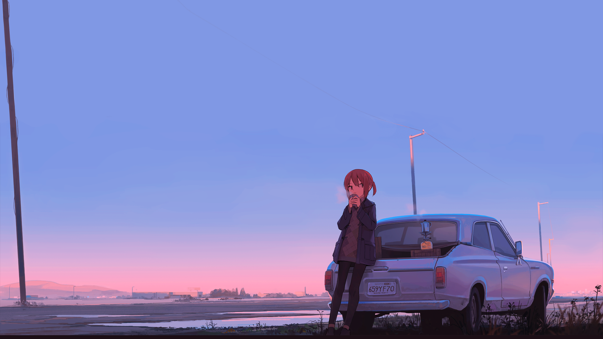 Anime 2048x1152 car sunset anime girls original characters moescape short hair redhead coffee winter Dangerdrop women with cars Pixiv numbers vehicle women outdoors sky anime