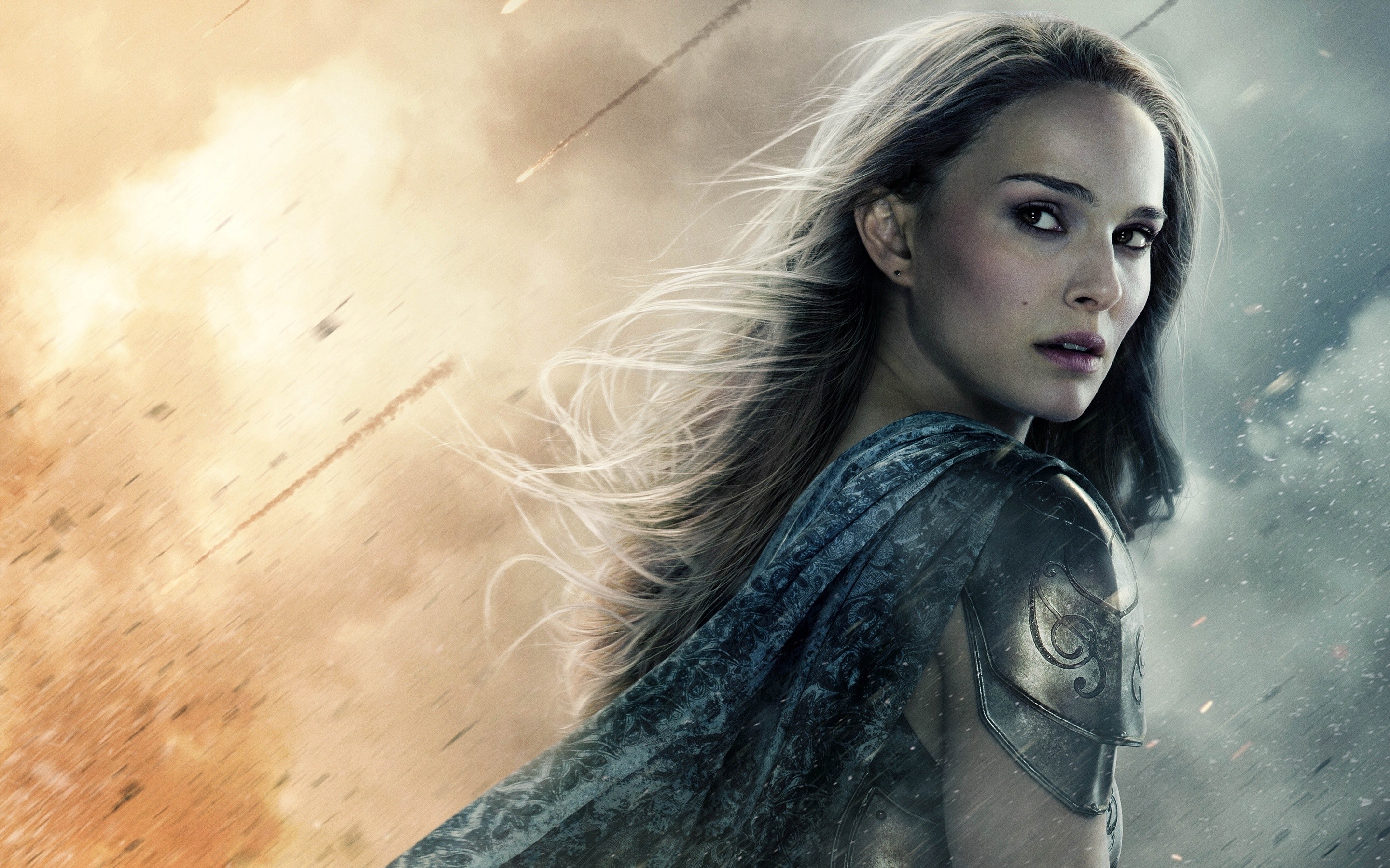 People 2880x1800 women face Natalie Portman movies Thor 2: The Dark World Thor Jane Foster Marvel Cinematic Universe female warrior girl in armor long hair lipstick actress