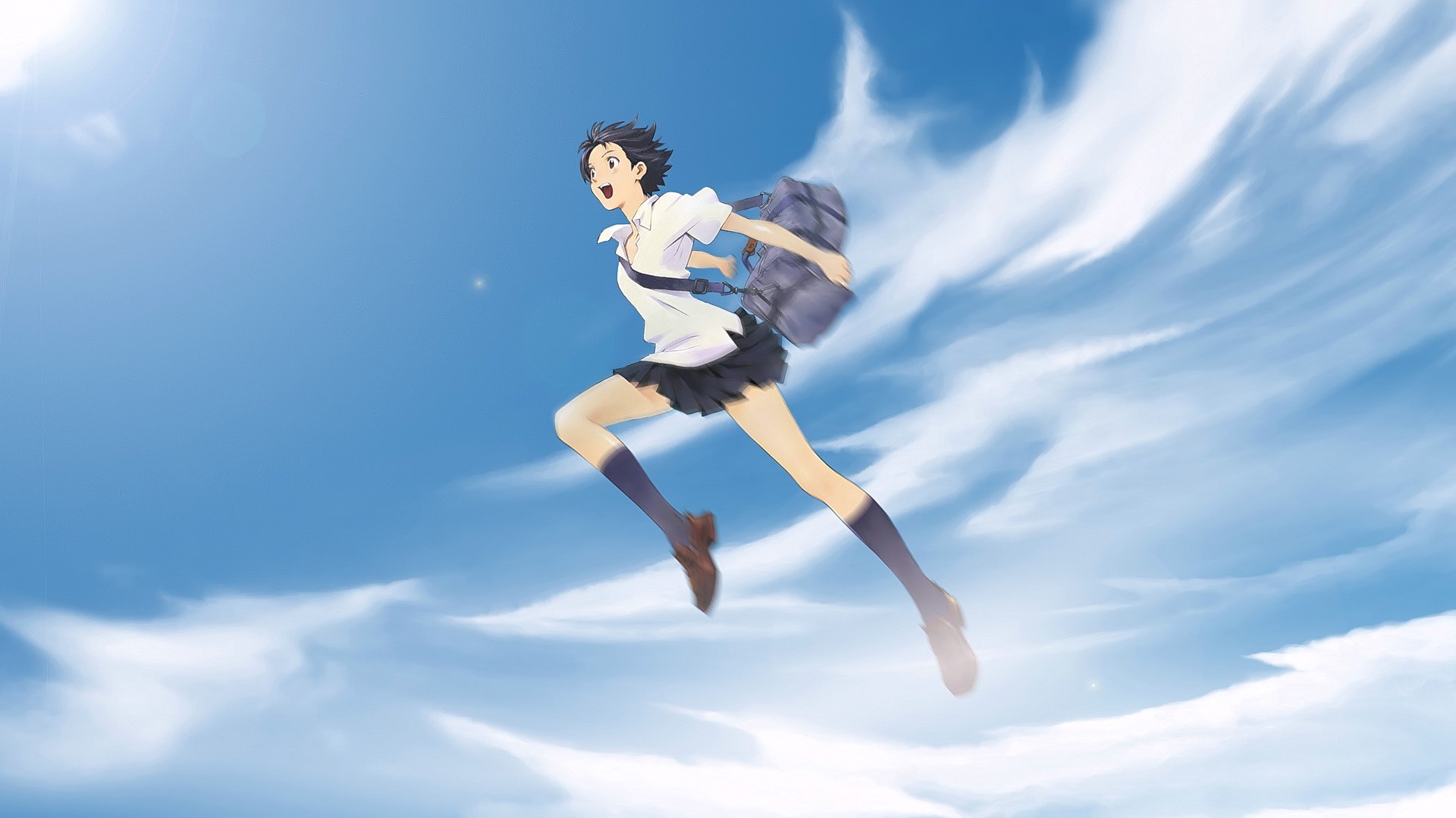 Anime 1920x1080 anime anime girls short hair school uniform sky clouds looking away skirt legs open mouth