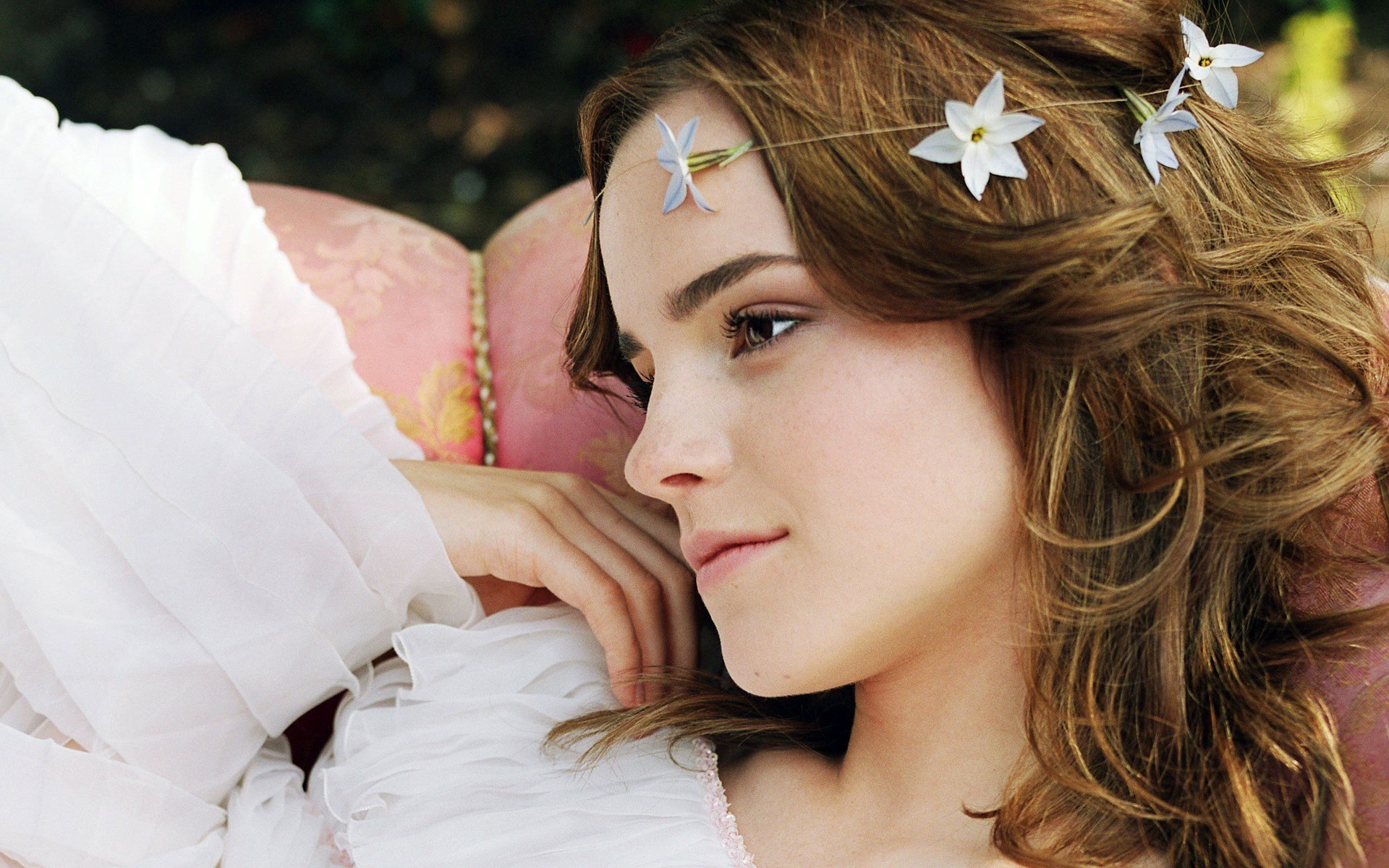 People 1920x1200 Emma Watson women brunette actress British women face profile looking away flower crown white dress