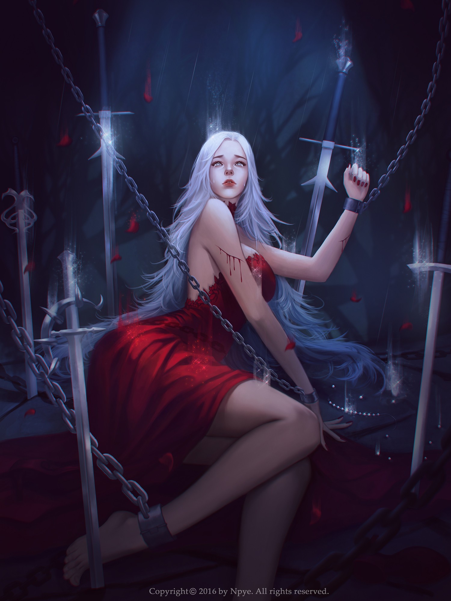 General 1500x2000 fantasy art 2016 (year) chains barefoot fantasy girl sword women watermarked blood wounds red dress dress red nails painted nails red clothing