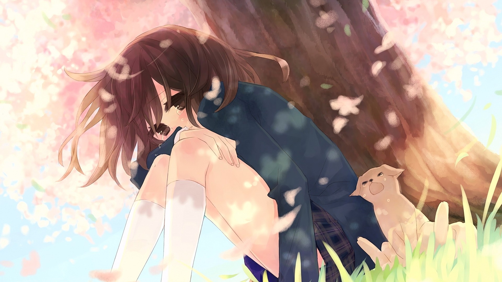 Anime 1920x1080 anime anime girls brunette long hair cherry blossom brown eyes crying sadness looking at viewer sad tears thighs legs socks women outdoors