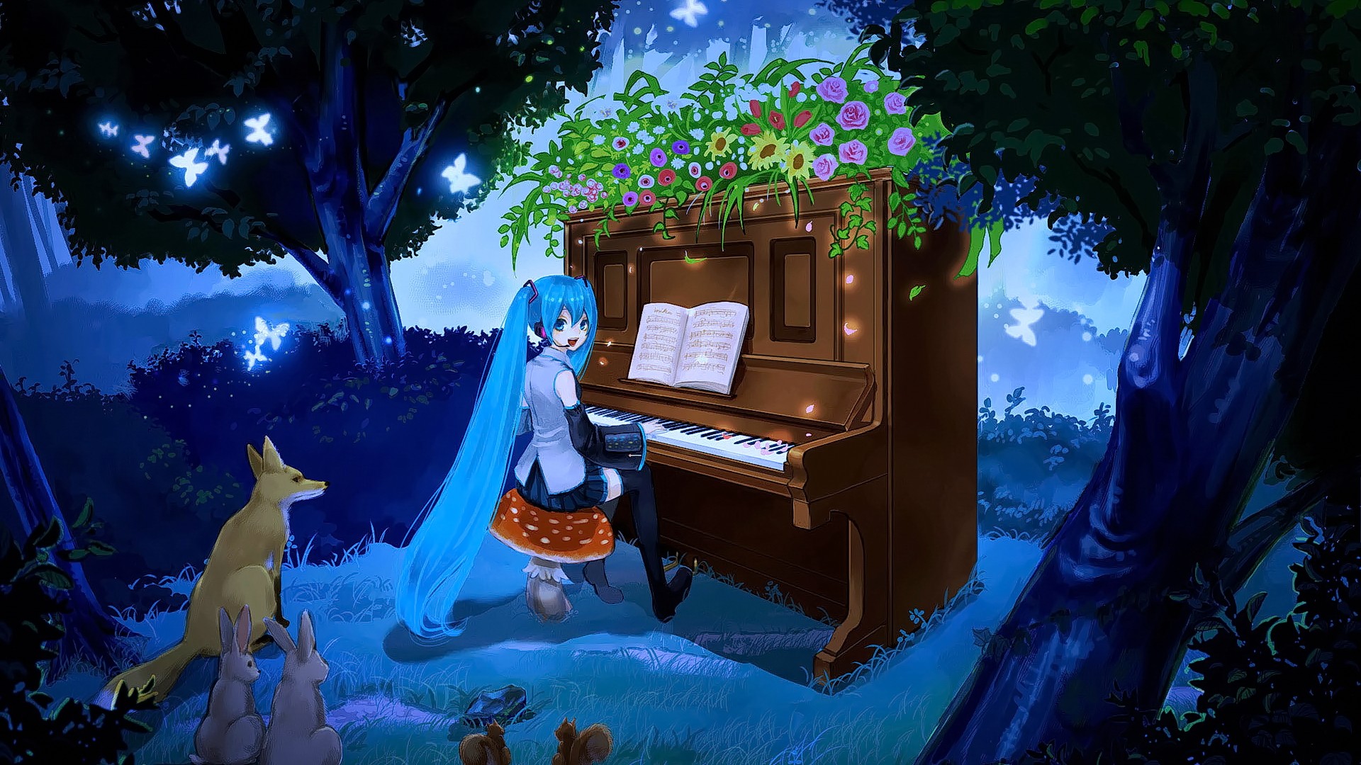 Anime 1920x1080 anime anime girls cyan hair long hair blue eyes Vocaloid Hatsune Miku animals forest musical instrument piano fantasy art flowers plants trees fantasy girl
