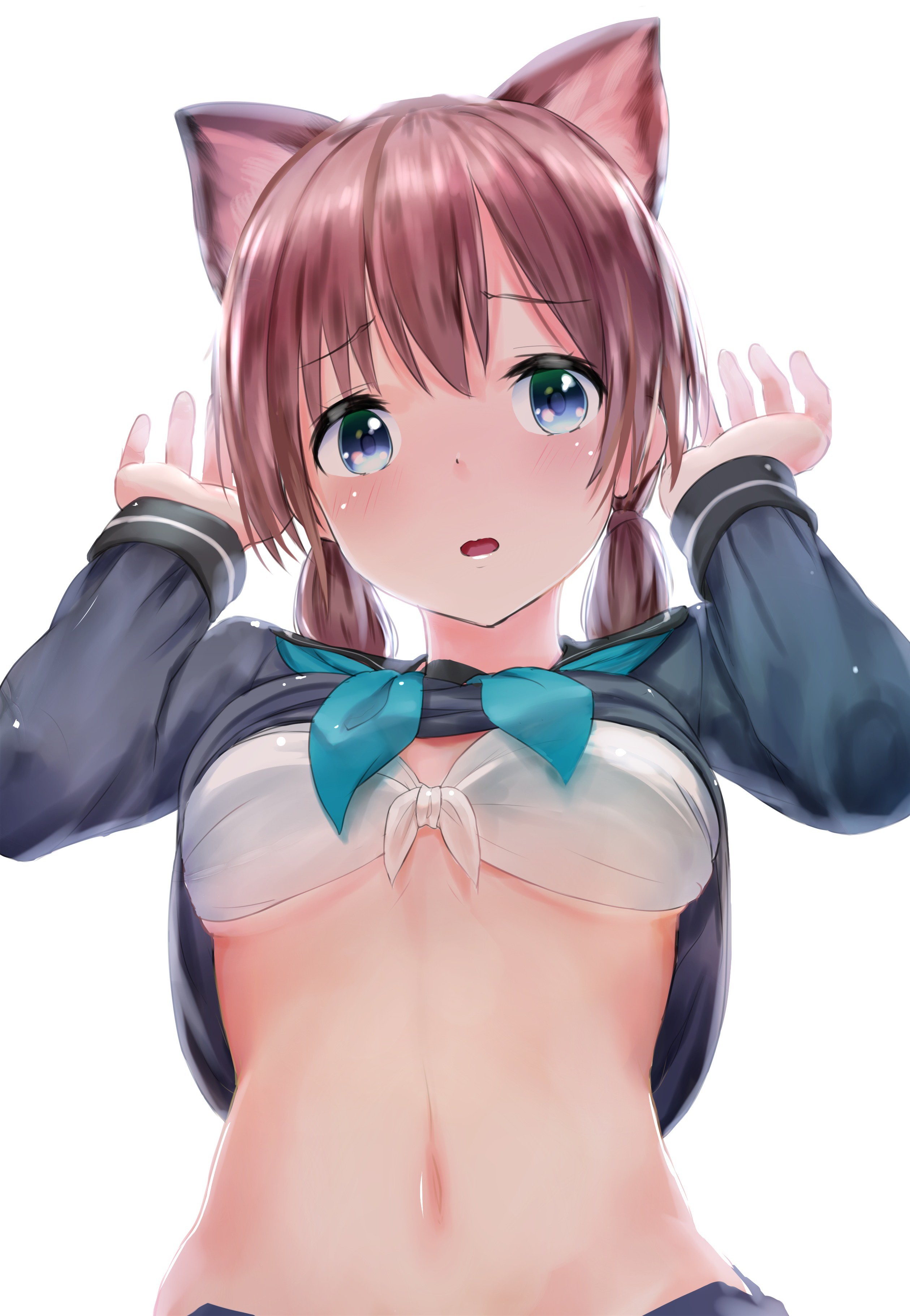 Anime 2519x3641 anime anime girls animal ears undressing original characters bra cat girl school uniform belly sad white background looking at viewer