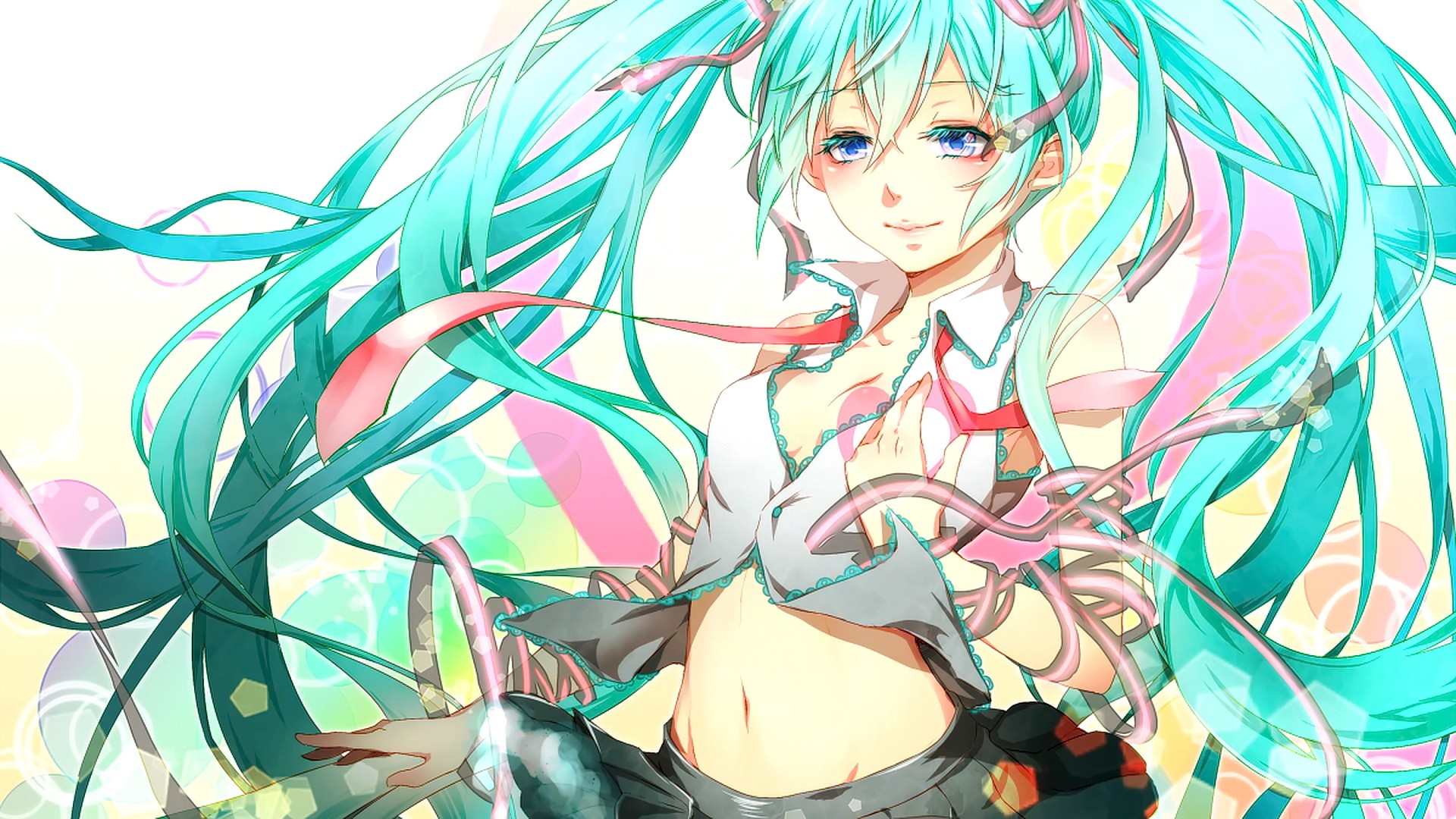 Anime 1920x1080 anime anime girls cyan hair long hair blue eyes smiling Hatsune Miku Vocaloid looking at viewer turquoise belly