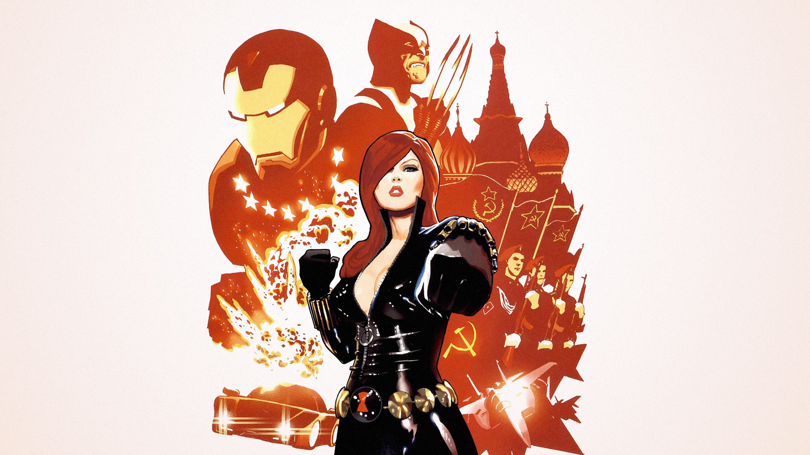 General 2602x1464 Marvel Comics Black Widow Iron Man Wolverine USSR comic art simple background women redhead red lipstick