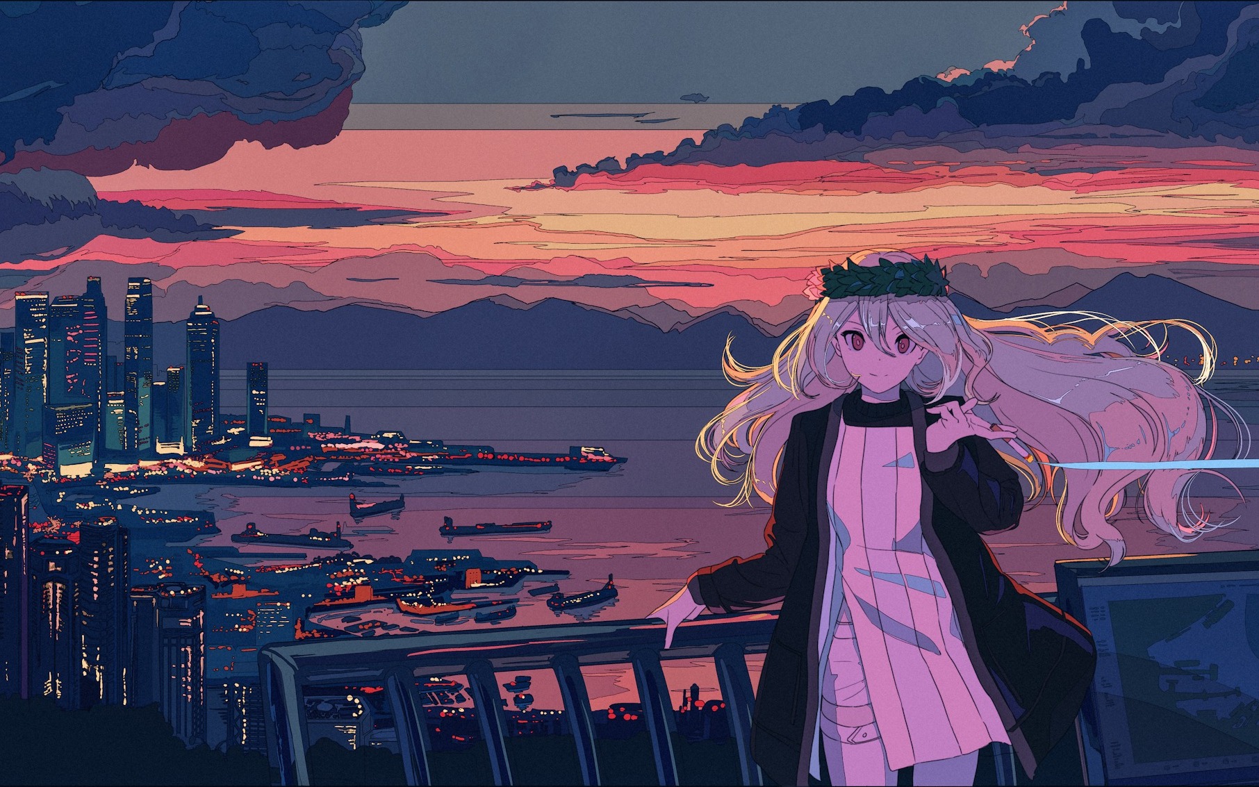 Anime 1812x1133 sunset cityscape sea balcony anime girls anime long hair sky artwork Cogecha smoking