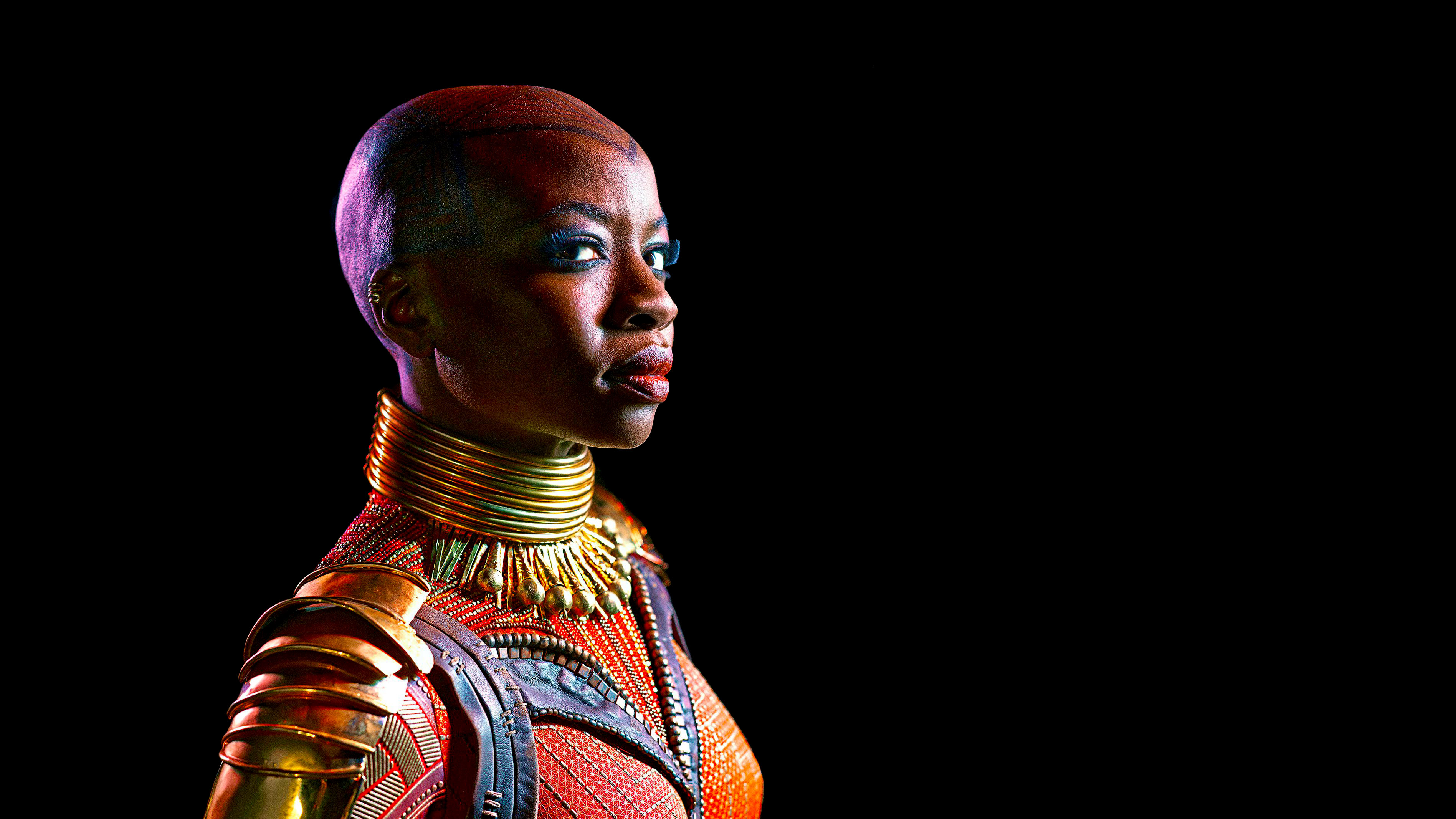 People 3793x2133 Marvel Cinematic Universe Black Panther Okoye movies women bald actress makeup simple background black background looking at viewer
