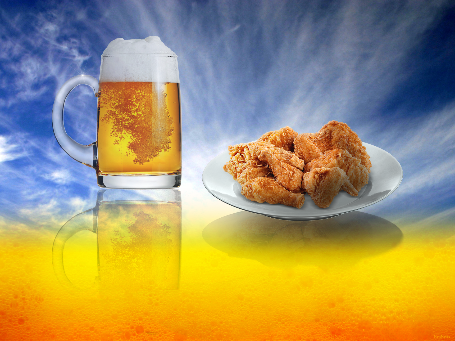 General 1920x1440 beer food reflection chicken wings digital art sky clouds plates fried chicken