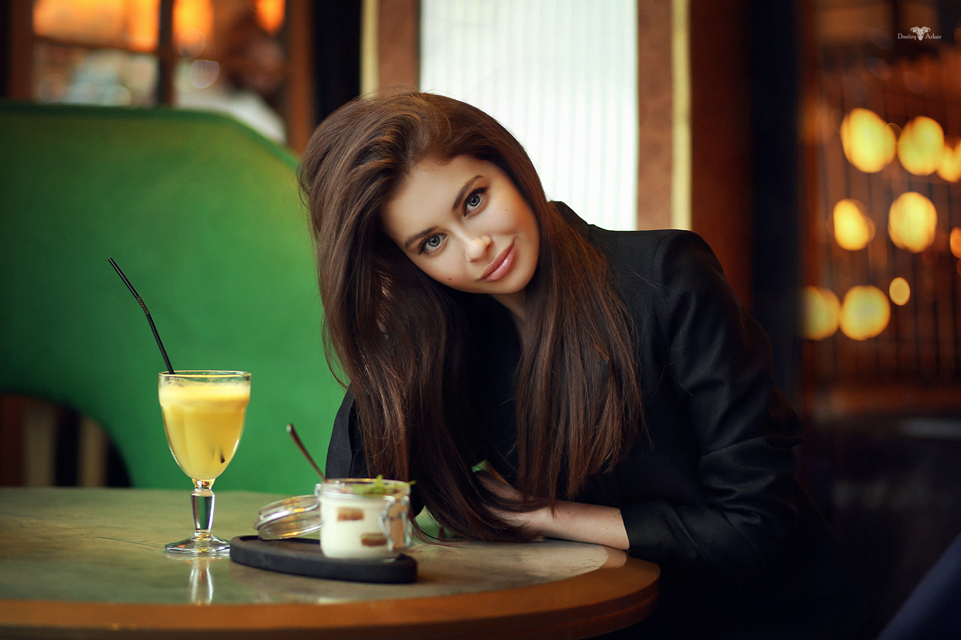 People 1920x1280 women portrait table smiling depth of field looking at viewer brunette long hair Alina black jackets black clothing restaurant