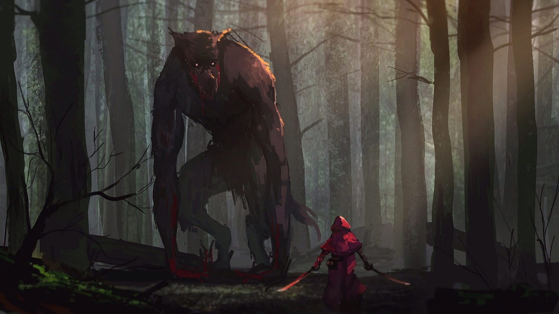 General 1920x1080 werewolves sword Little Red Riding Hood wood hoods trees weapon fairy tale