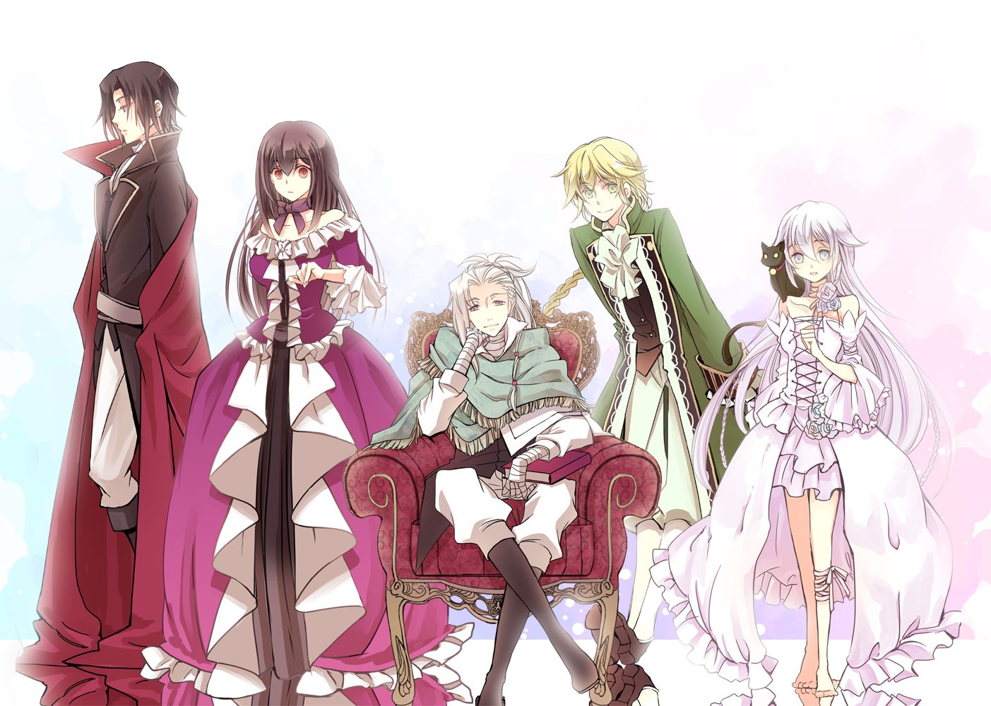 Anime 1403x1000 victorian clothes Pandora Hearts anime girls anime boys simple background sitting chair dress anime white background brunette blonde