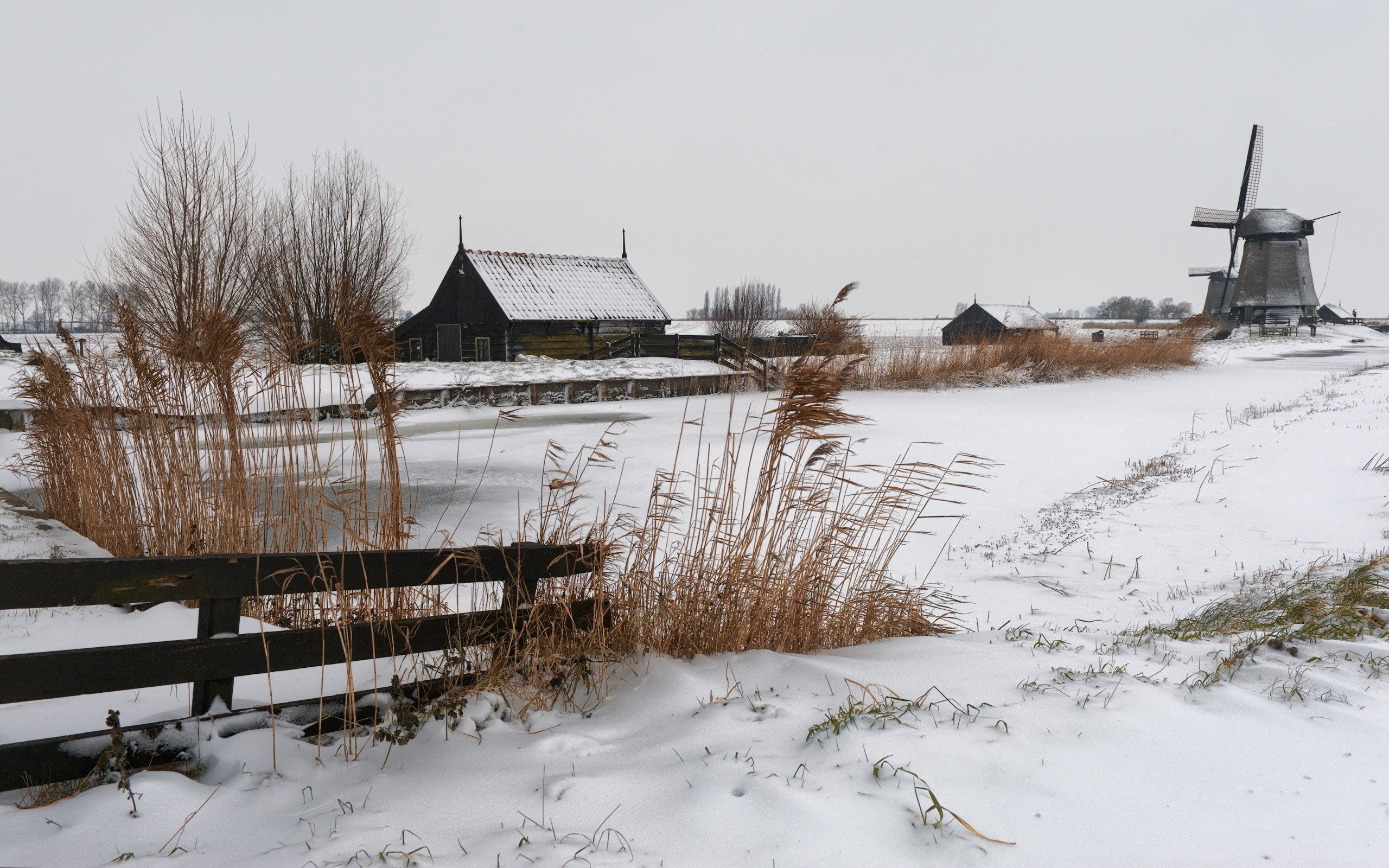 General 2560x1600 winter Russia village landscape windmill snow mist river overcast fence