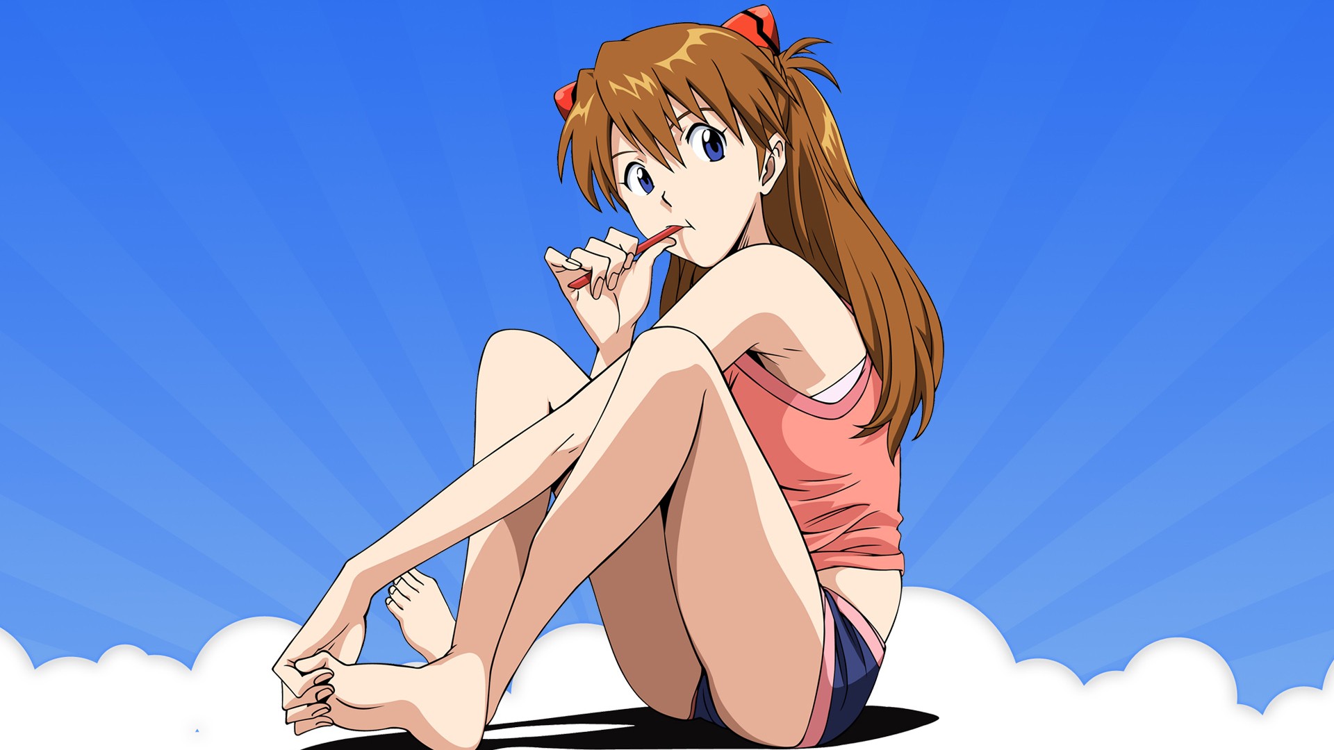 Anime 1920x1080 Neon Genesis Evangelion Asuka Langley Soryu legs feet short shorts anime girls anime thighs barefoot brunette long hair blue background