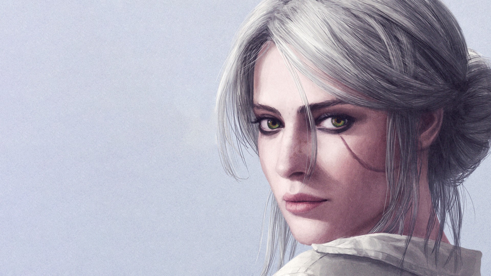 General 1920x1080 artwork Cirilla Fiona Elen Riannon The Witcher The Witcher 3: Wild Hunt video games Ástor Alexander women PC gaming face portrait video game girls video game characters looking at viewer gray background simple background green eyes gray hair hair in face