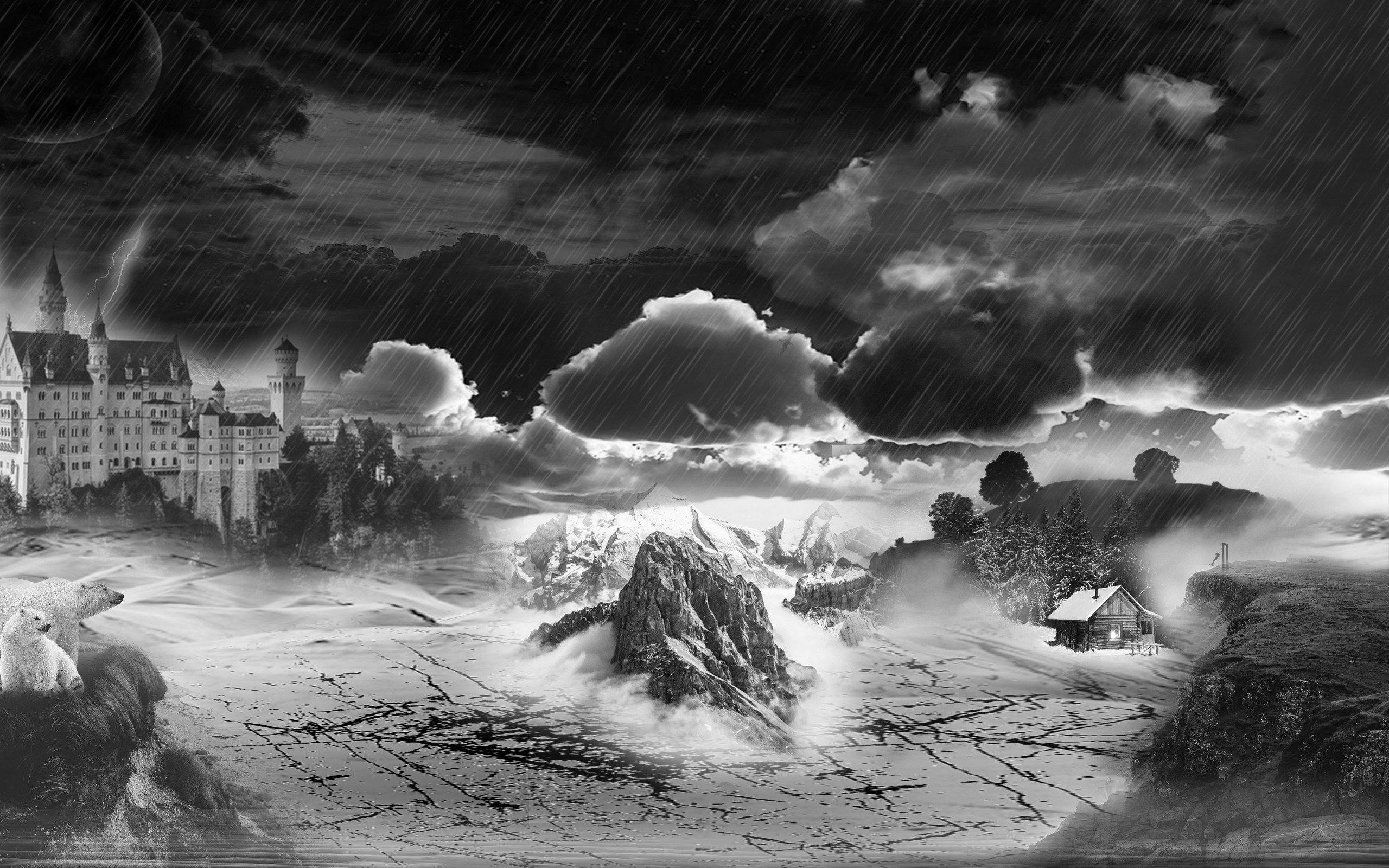 General 2560x1600 night digital art monochrome rain sky artwork castle