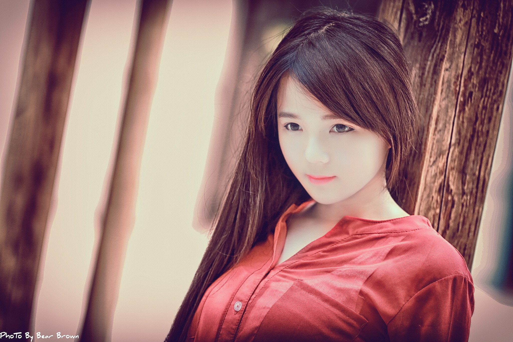 People 2048x1365 red shirt brunette long hair looking away portrait smiling eyeliner Asian women