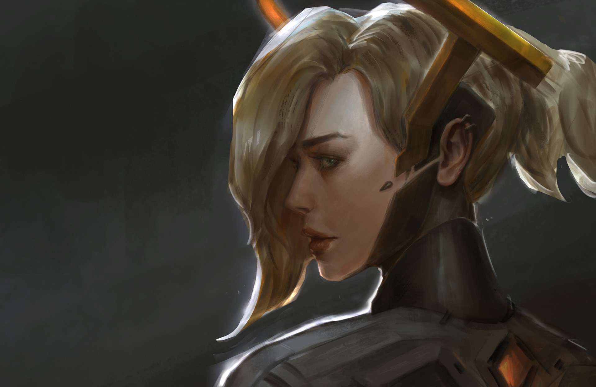 General 1920x1248 Overwatch Mercy (Overwatch) blonde PC gaming face women hair in face video game girls video game characters fantasy art simple background gray background fantasy girl