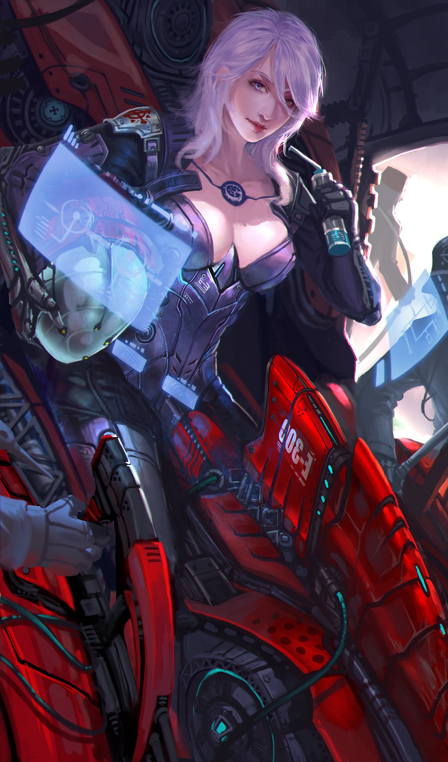 General 1500x2546 warrior futuristic big boobs anime girls anime boobs pilot hair in face science fiction science fiction women purple hair looking at viewer women