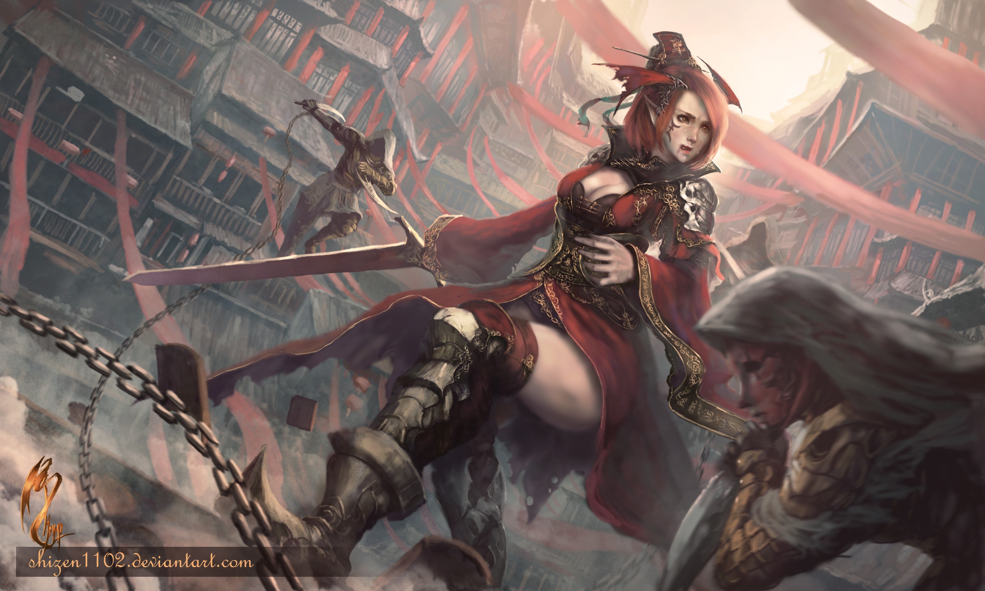 General 3186x1912 fantasy art warrior DeviantArt fantasy girl watermarked women redhead pointy ears sword weapon girls with guns women with swords chains thighs
