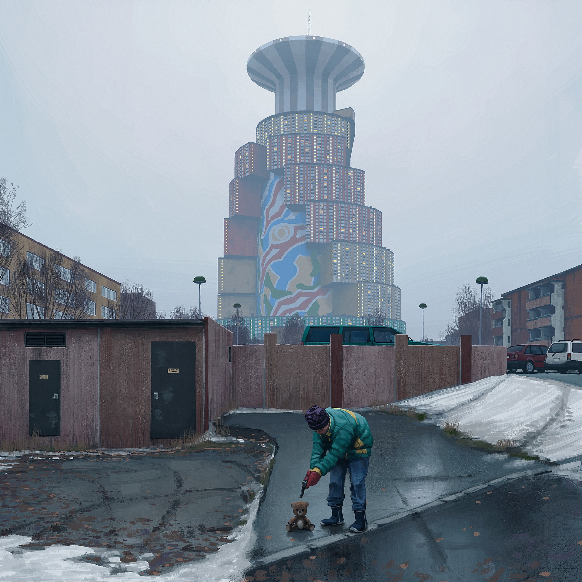 General 1920x1920 Simon Stålenhag digital art teddy bears urban Russia gun weapon plush toy tower