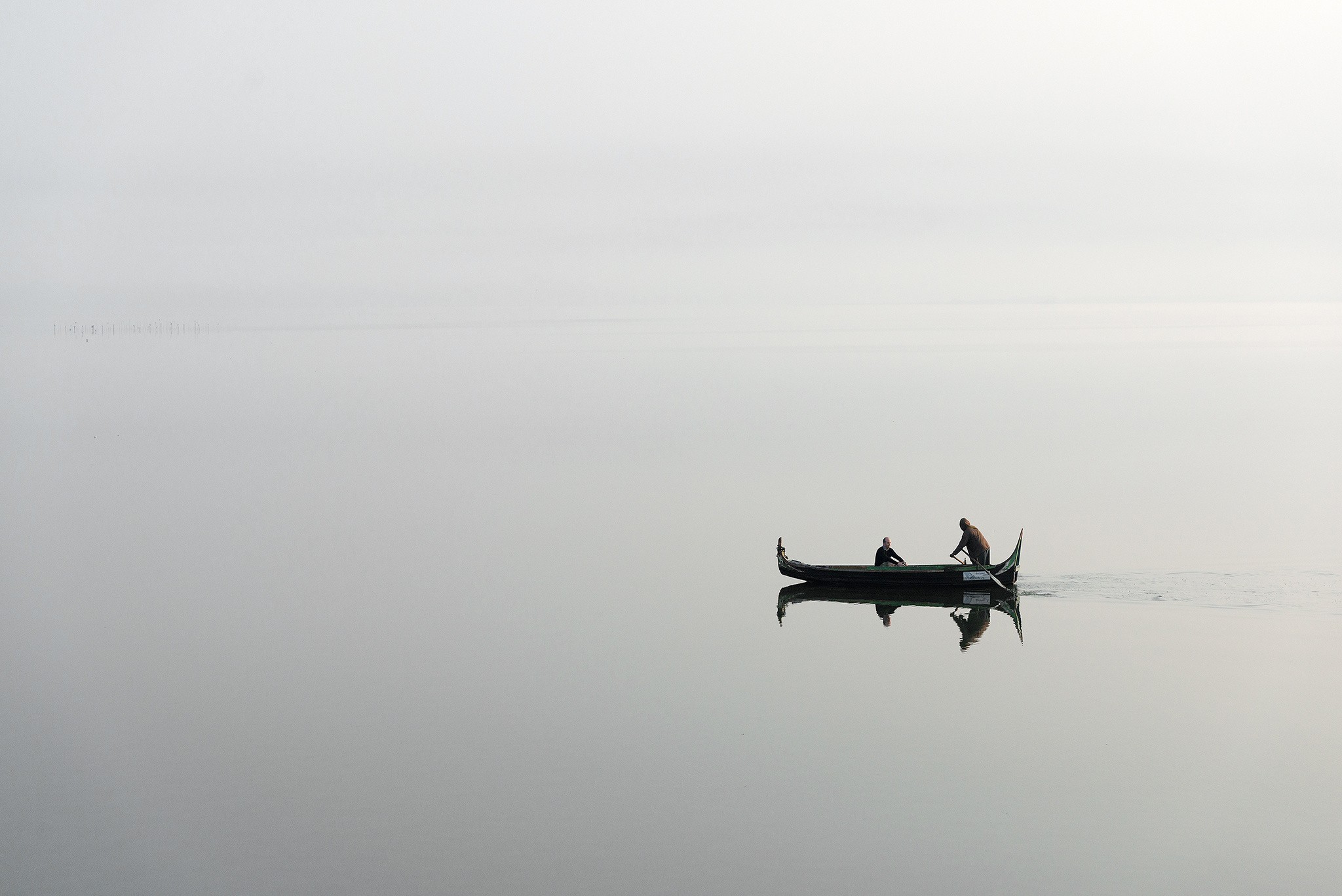 General 2048x1367 photography nature landscape reflection alone monochrome mist boat fisherman vehicle calm waters men outdoors