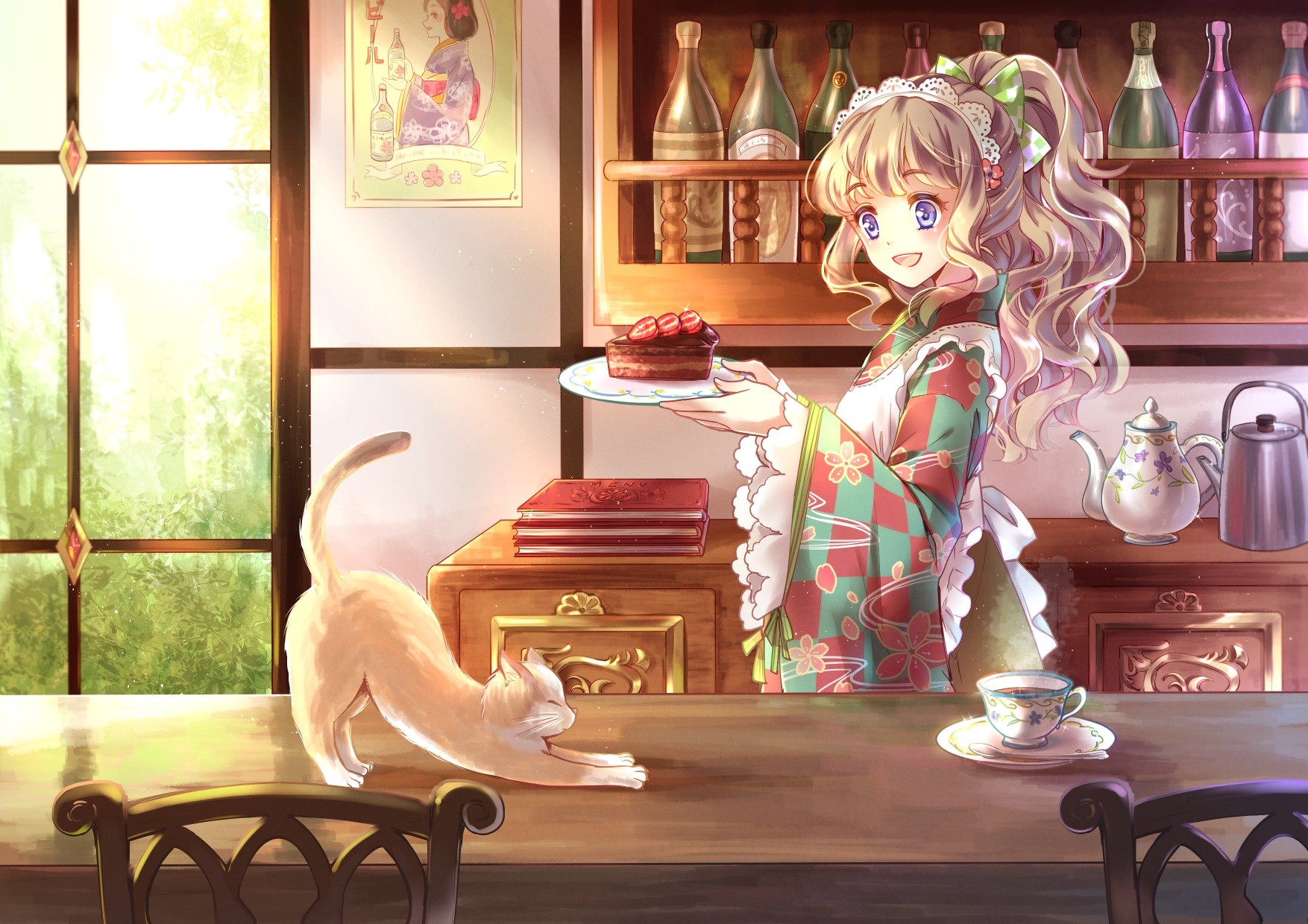 Anime 1754x1240 anime anime girls kitchen cats long hair blue eyes cake animals cup pies window bottles mammals women indoors indoors food sweets pie teapot