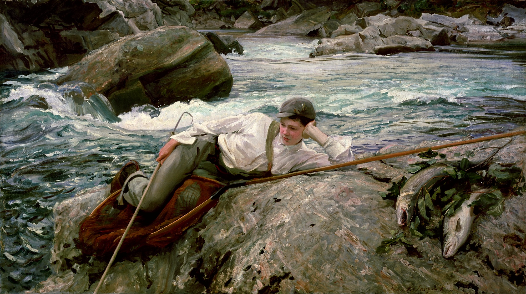 People 2000x1119 John Singer Sargent classic art painting river fish fishing rod