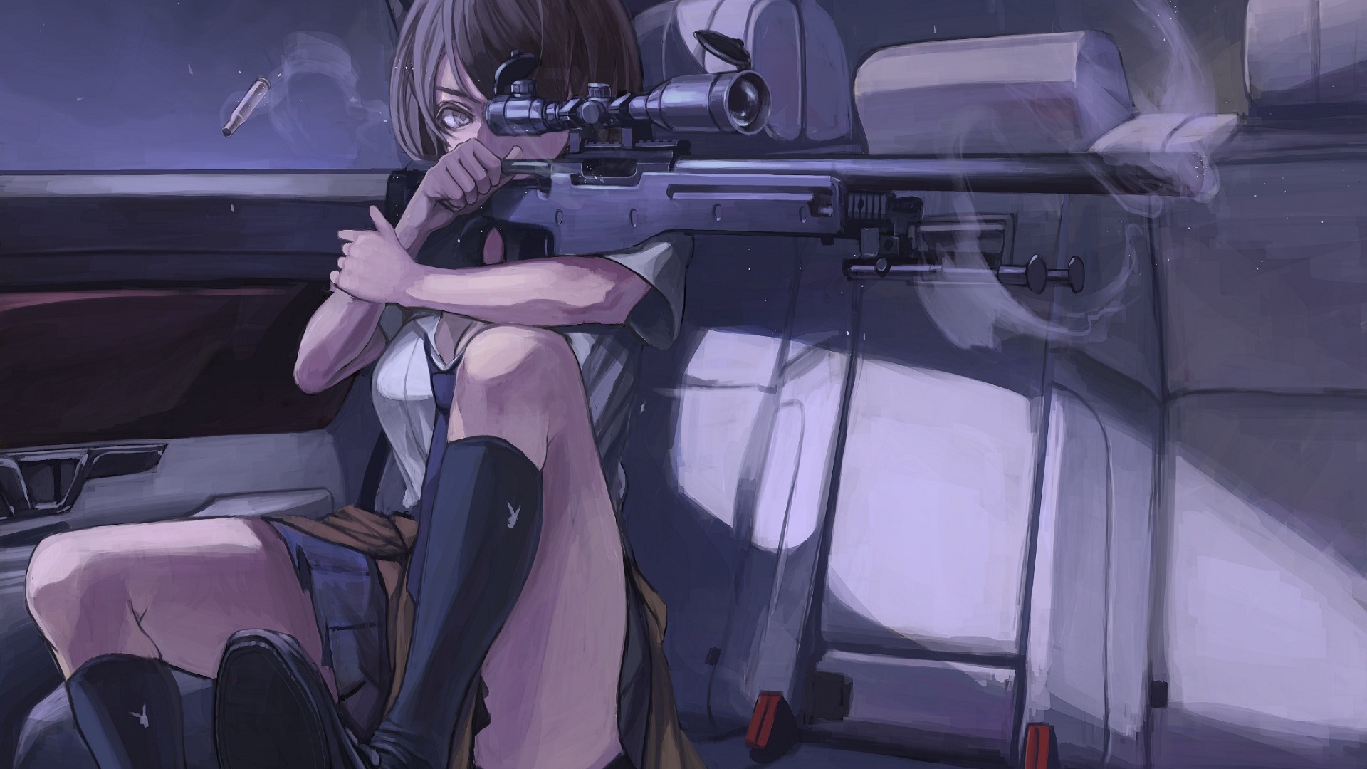 Anime 1920x1080 anime Remington 700 telescopic sight koh bipod short hair gun smoke smoke ammunition car interior sniper rifle gun cleavage skirt thighs girls with guns