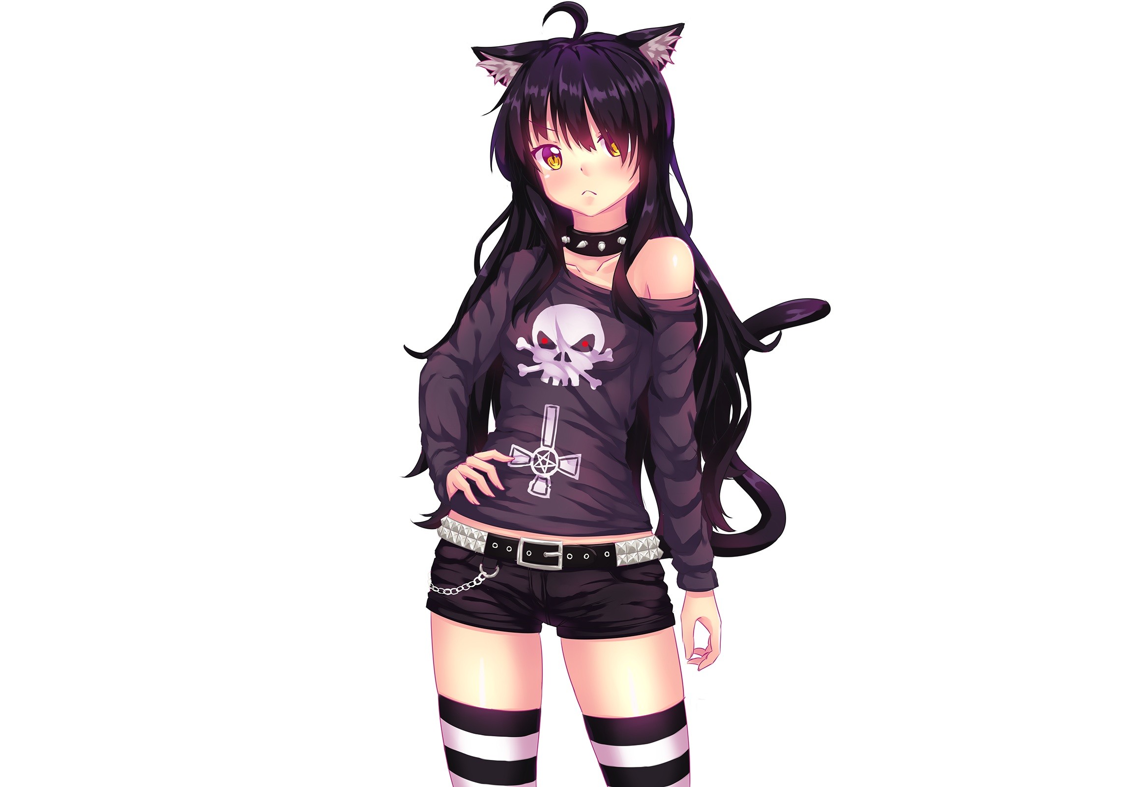 Anime 2321x1600 white background simple background animal ears black hair cat girl chains choker fast-runner-2024 Gothic long hair shorts tail yellow eyes thigh-highs stockings striped stockings