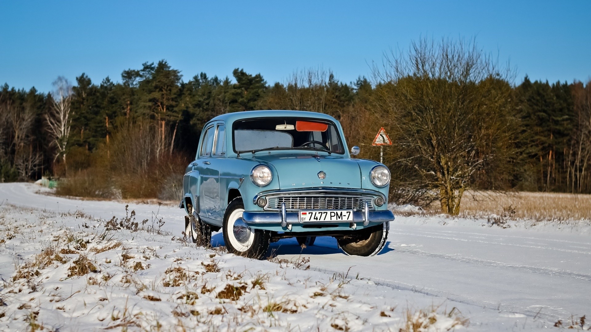 General 1920x1080 winter snow car vehicle blue cars Moskvich Russian cars old car
